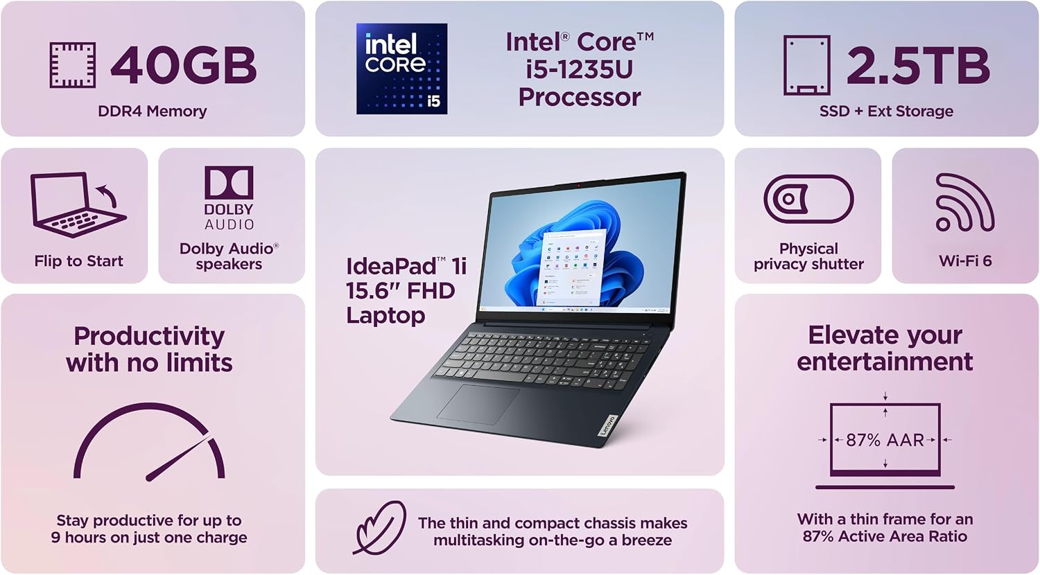 LAPTOP LENOVO IDEAPAD 15.6' FHD TOUCHSCREEN 2025 INTEL CORE I5-1235U 40GB RAM 2.5TB (2TB SSD + 500GB EXT) AZUL - 3