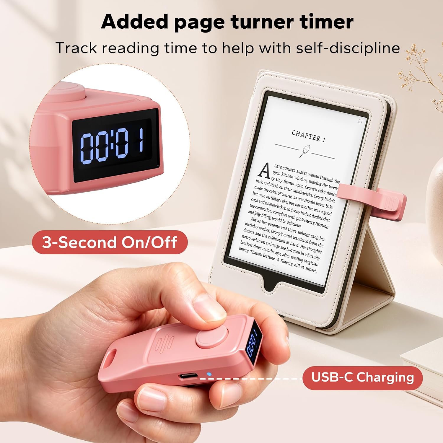 CONTROL REMOTO SYCELU K3 PARA KINDLE CON LUZ PARA LECTURA Y TEMPORIZADOR ROSA - 4