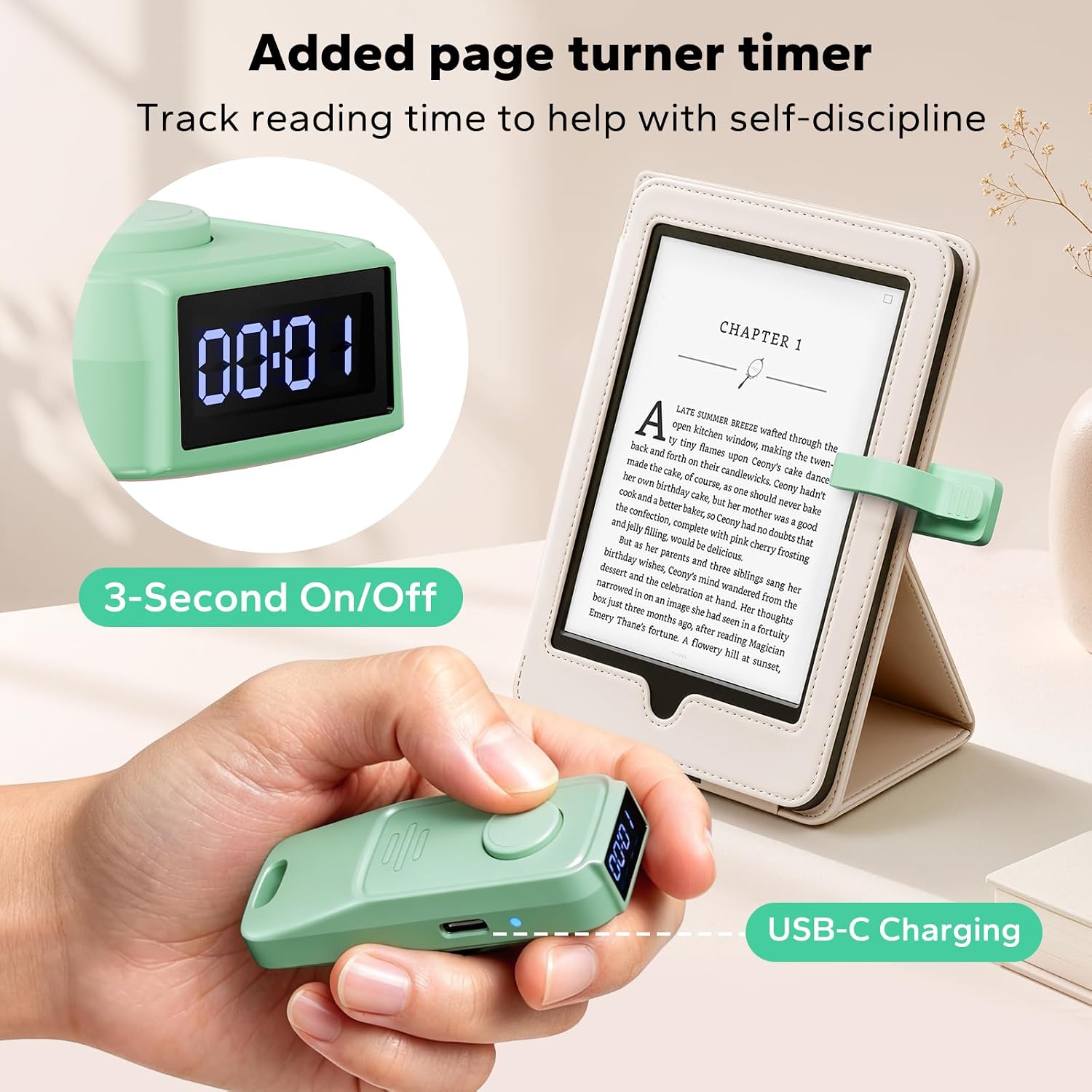 CONTROL REMOTO SYCELU K3 VERDE PARA KINDLE CON LUZ Y TEMPORIZADOR DE LECTURA - 4