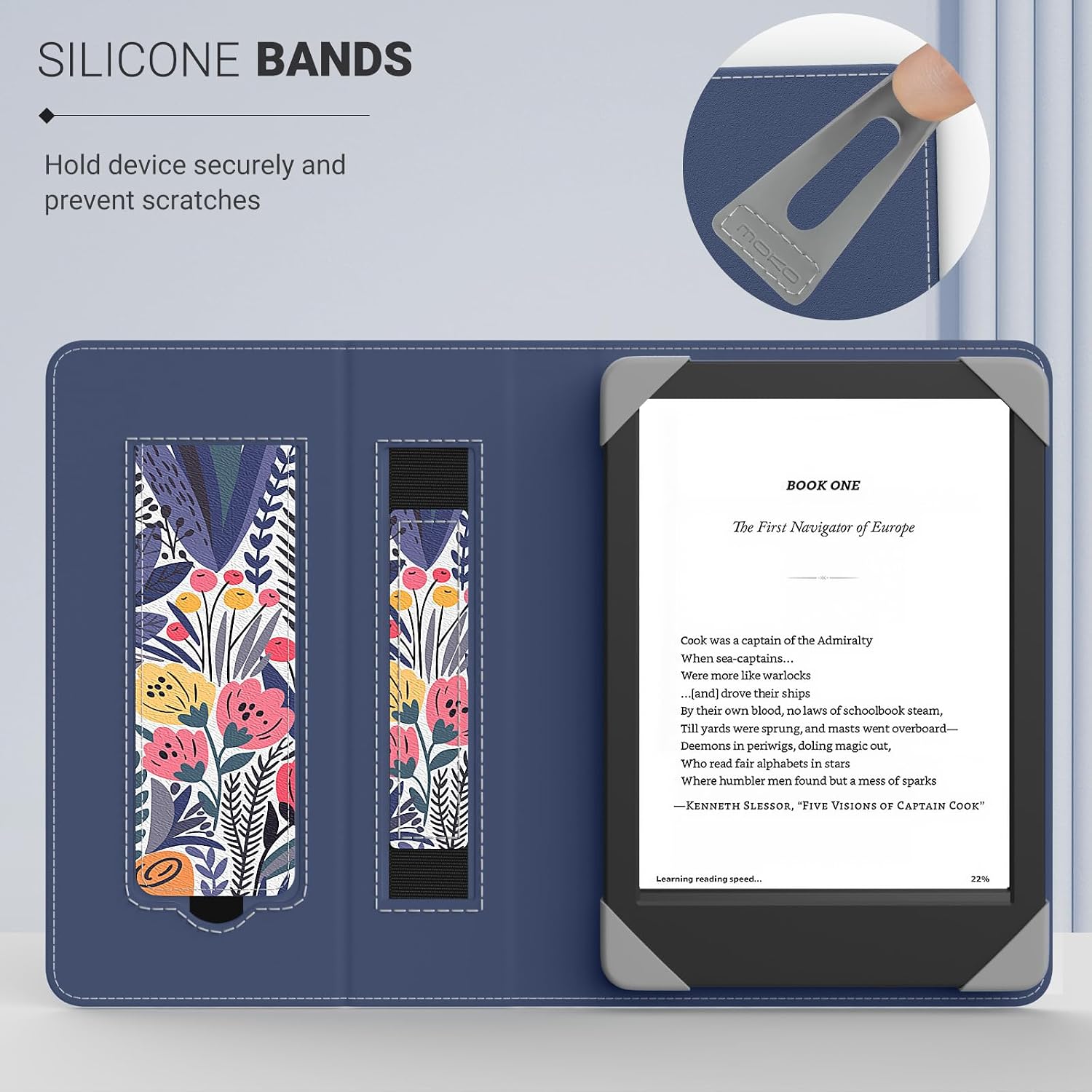 FUNDA UNIVERSAL PARA TABLETS Y EREADERS 6 PULGADAS MOKO AZUL CON DISEÑO FLORAL - 3