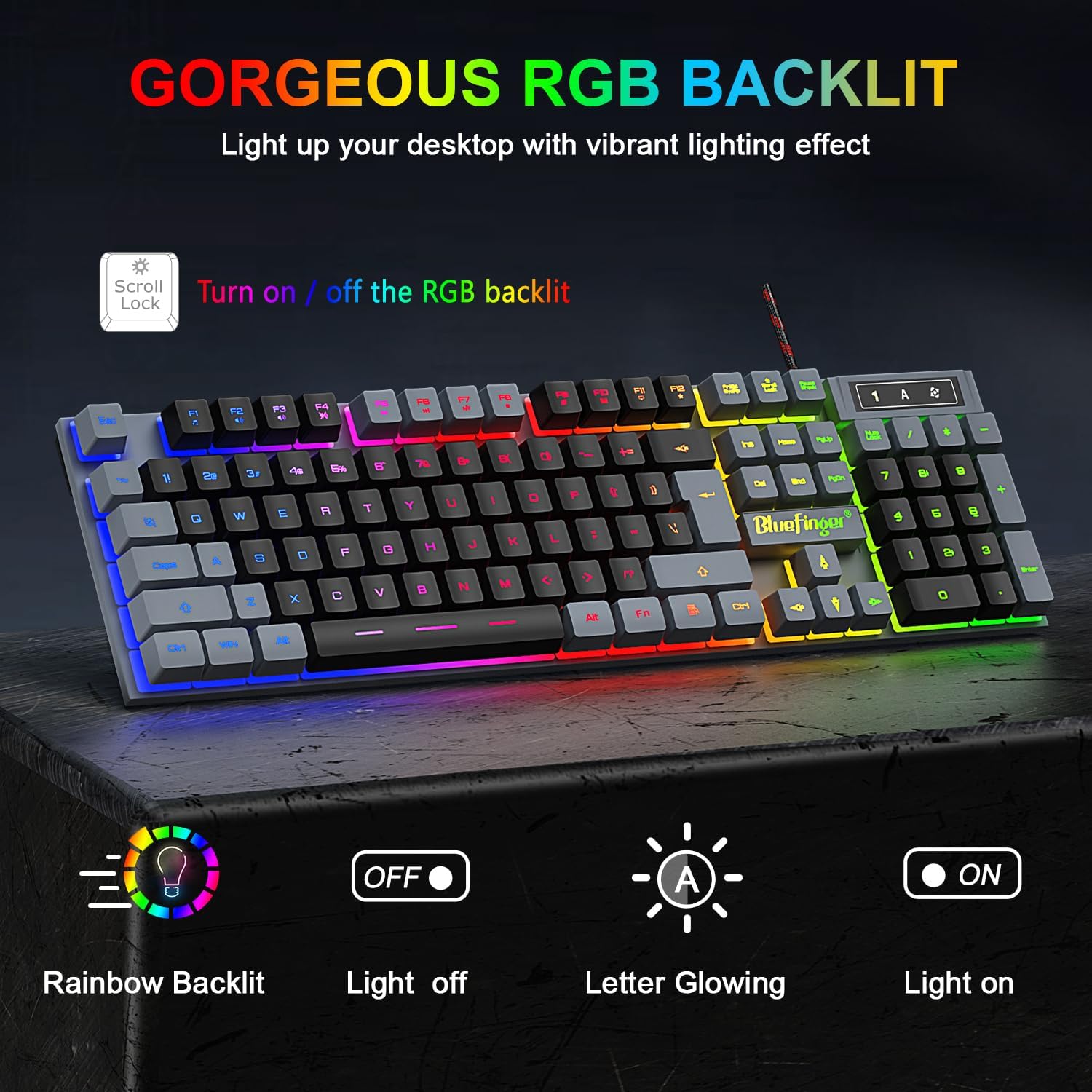 KIT DE TECLADO Y MOUSE GAMING BLUEFINGER RGB CON CABLE USB GRIS Y NEGRO - 2