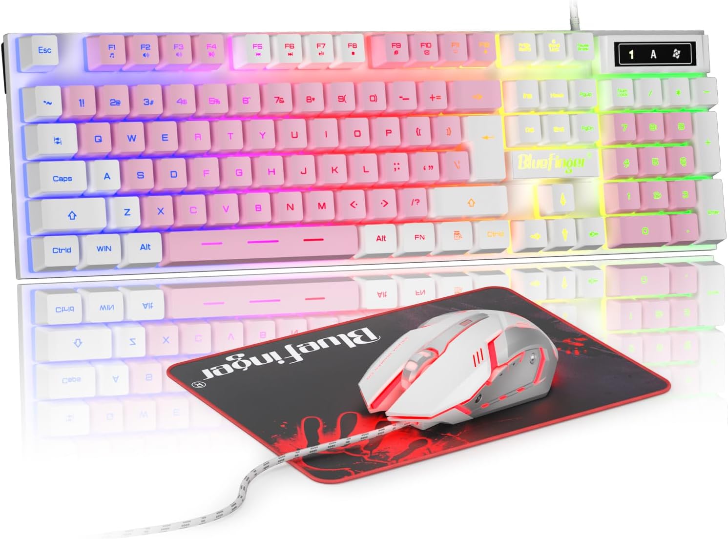 KIT DE TECLADO Y MOUSE GAMING BLUEFINGER RGB CON CABLE USB BLANCO Y ROSA - 1