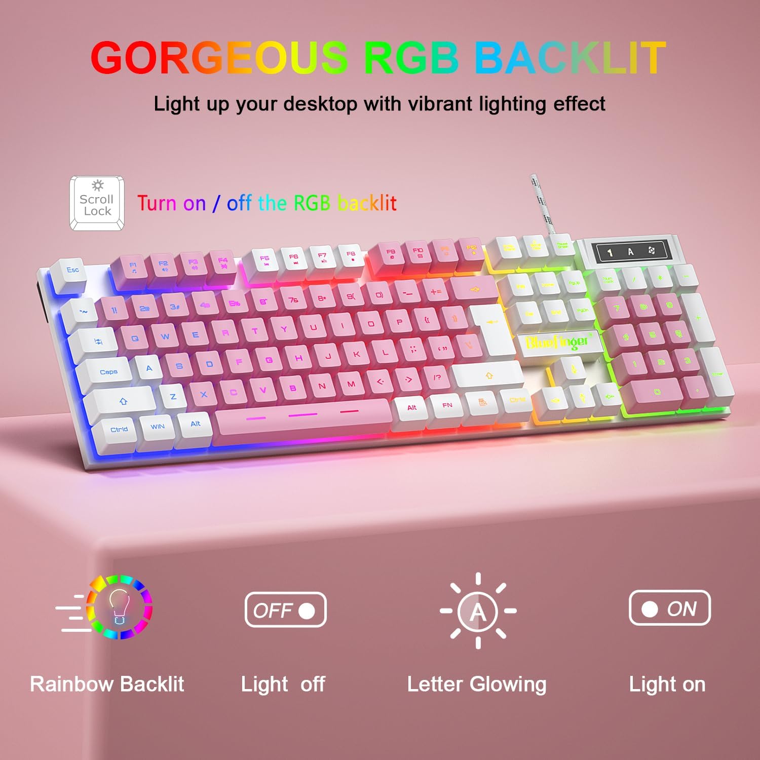 KIT DE TECLADO Y MOUSE GAMING BLUEFINGER RGB CON CABLE USB BLANCO Y ROSA - 2
