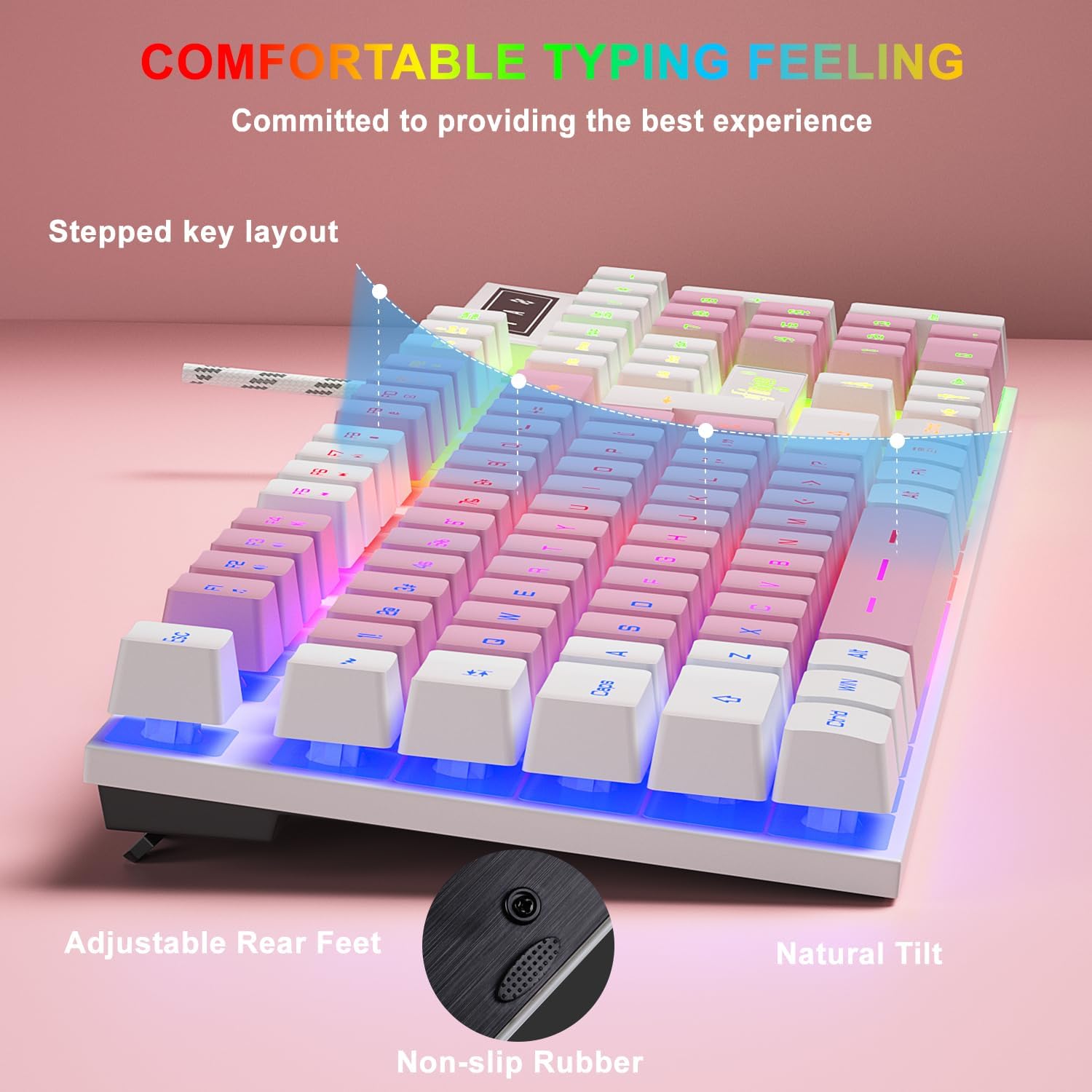 KIT DE TECLADO Y MOUSE GAMING BLUEFINGER RGB CON CABLE USB BLANCO Y ROSA - 3