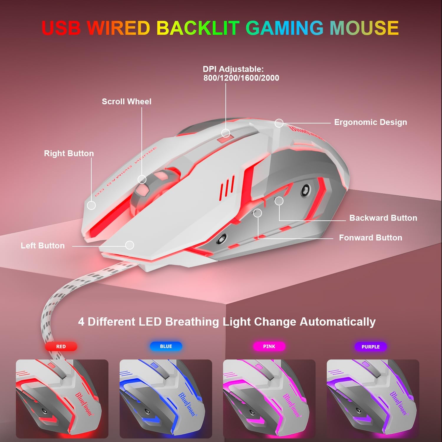 KIT DE TECLADO Y MOUSE GAMING BLUEFINGER RGB CON CABLE USB BLANCO Y ROSA - 5