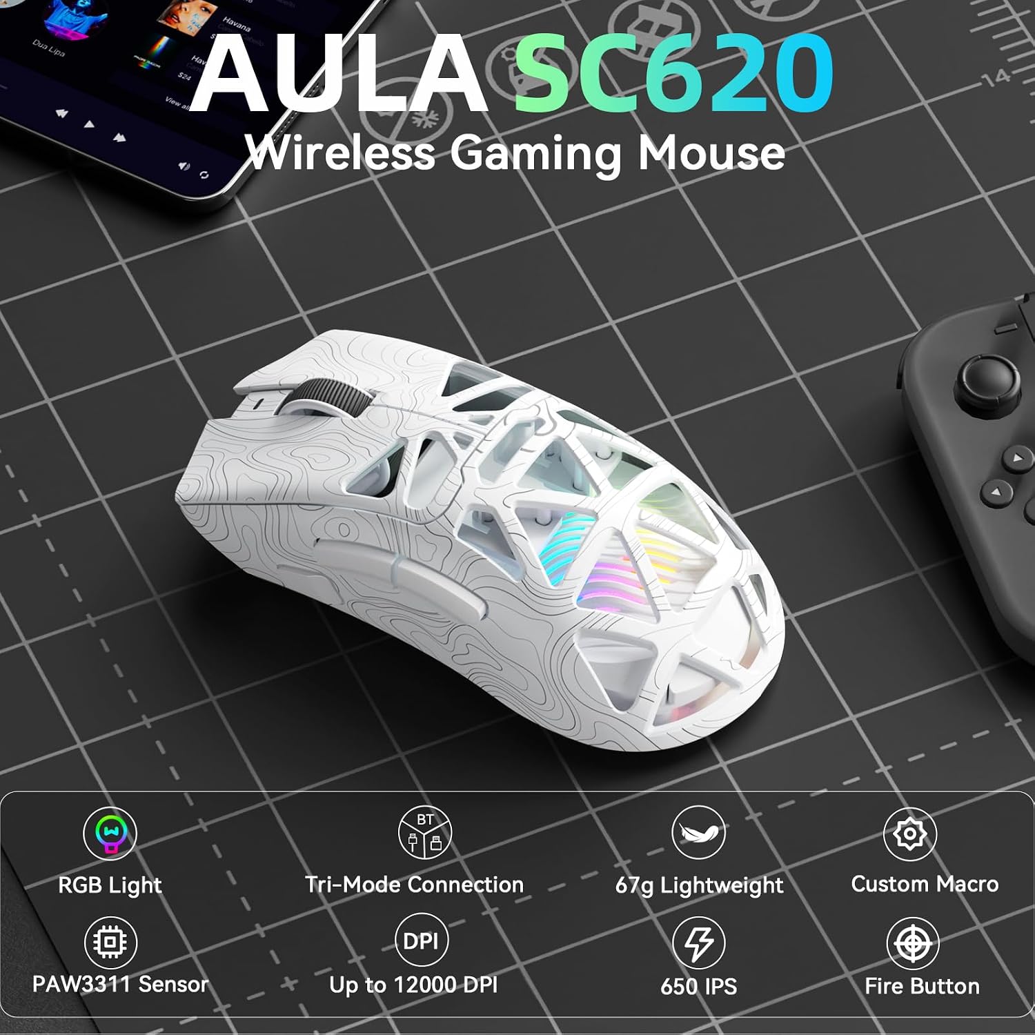 MOUSE GAMER STRIKONX AULA SC620 INALÁMBRICO TRI-MODO 12000 DPI BLANCO - 2