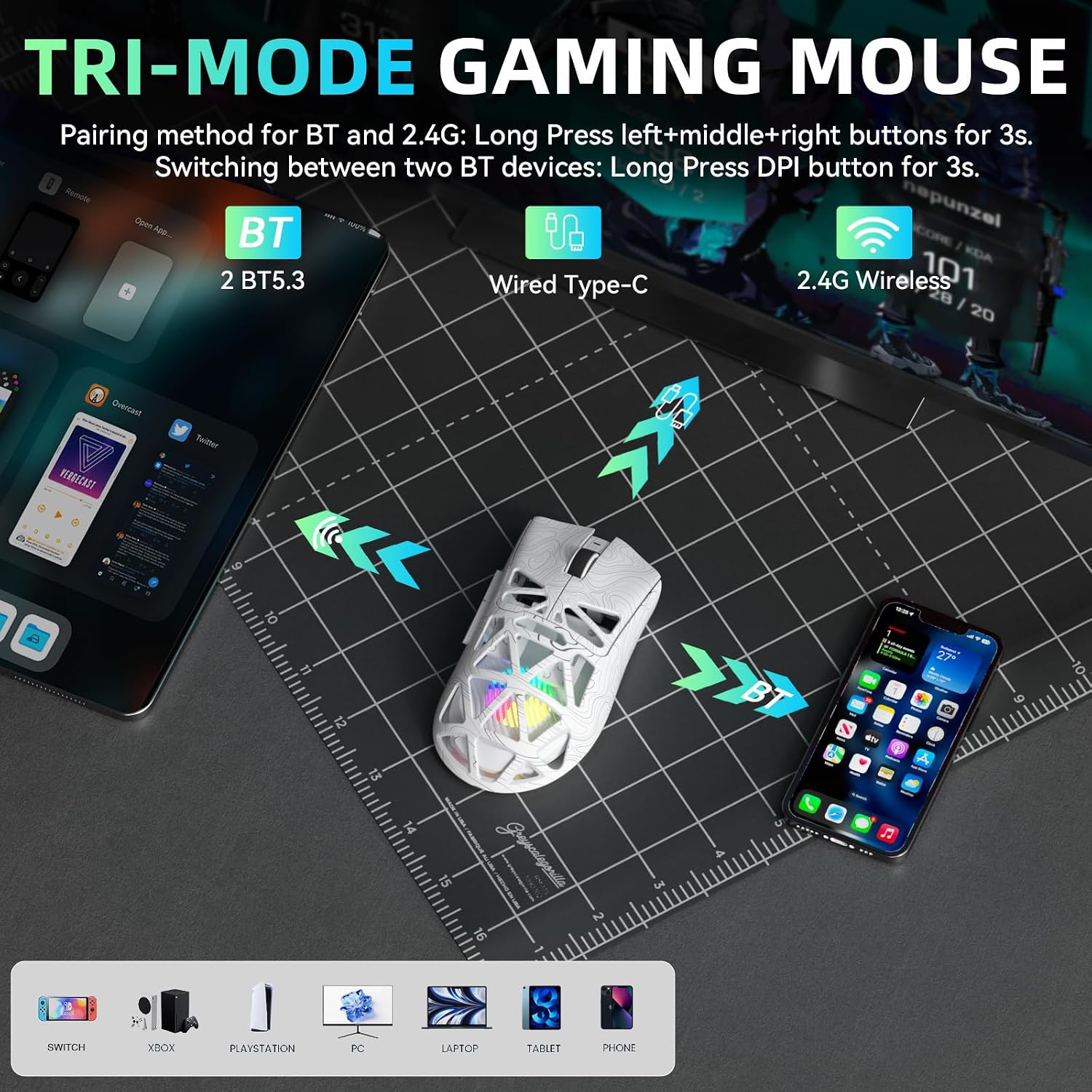 MOUSE GAMER STRIKONX AULA SC620 INALÁMBRICO TRI-MODO 12000 DPI BLANCO - 3
