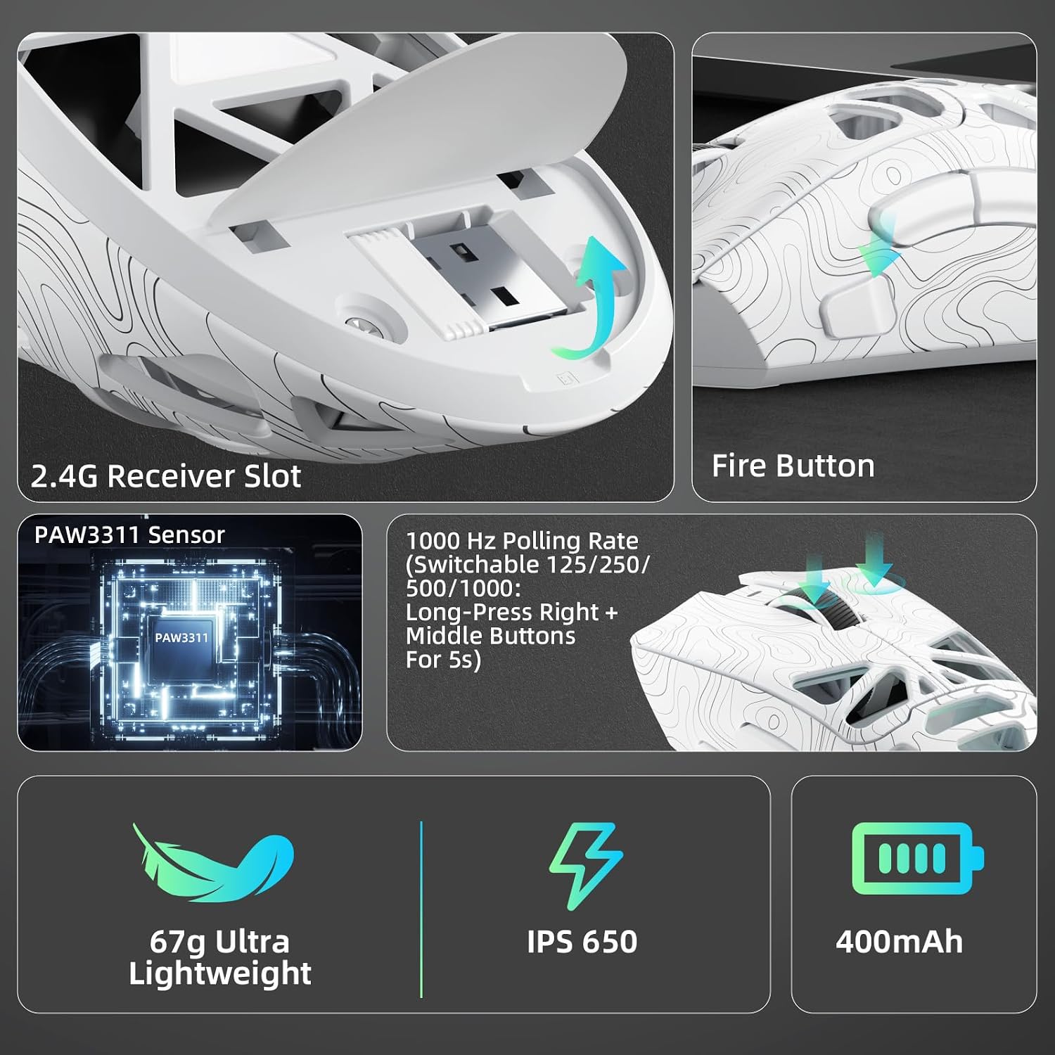 MOUSE GAMER STRIKONX AULA SC620 INALÁMBRICO TRI-MODO 12000 DPI BLANCO - 5