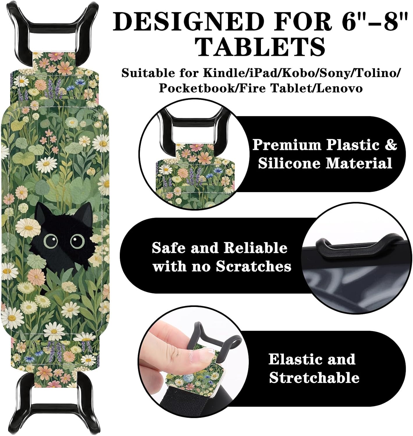 SOPORTE DE MANO BERIREXRION PARA KINDLE Y TABLETS 6-7.5 PULGADAS DISEÑO GATO FLORAL - 2