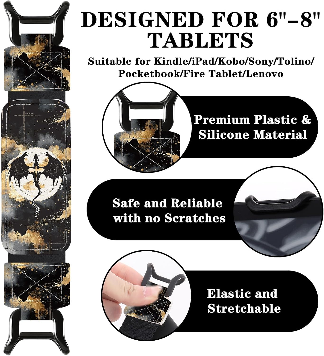 SOPORTE DE MANO PARA KINDLE BERIREXRION FANTASY BLACK GOLD DRAGON - 2