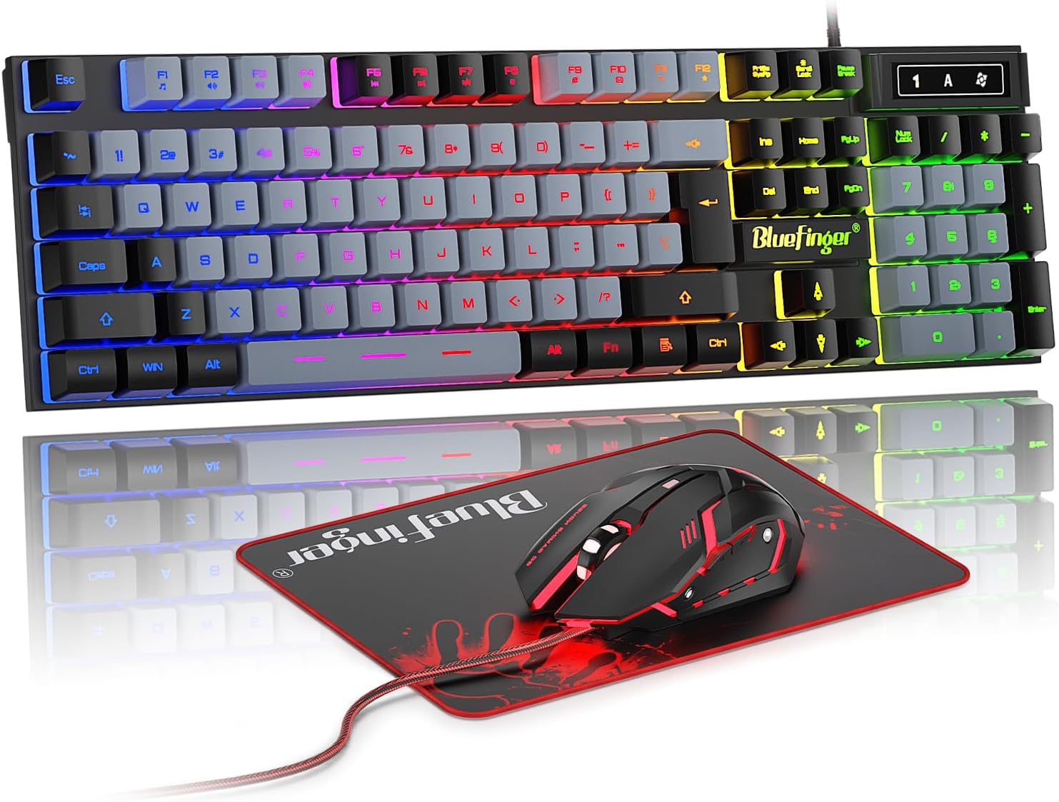 KIT DE TECLADO Y MOUSE GAMING BLUEFINGER RGB CON CABLE USB, RETROILUMINADO, NEGRO Y GRIS - 1