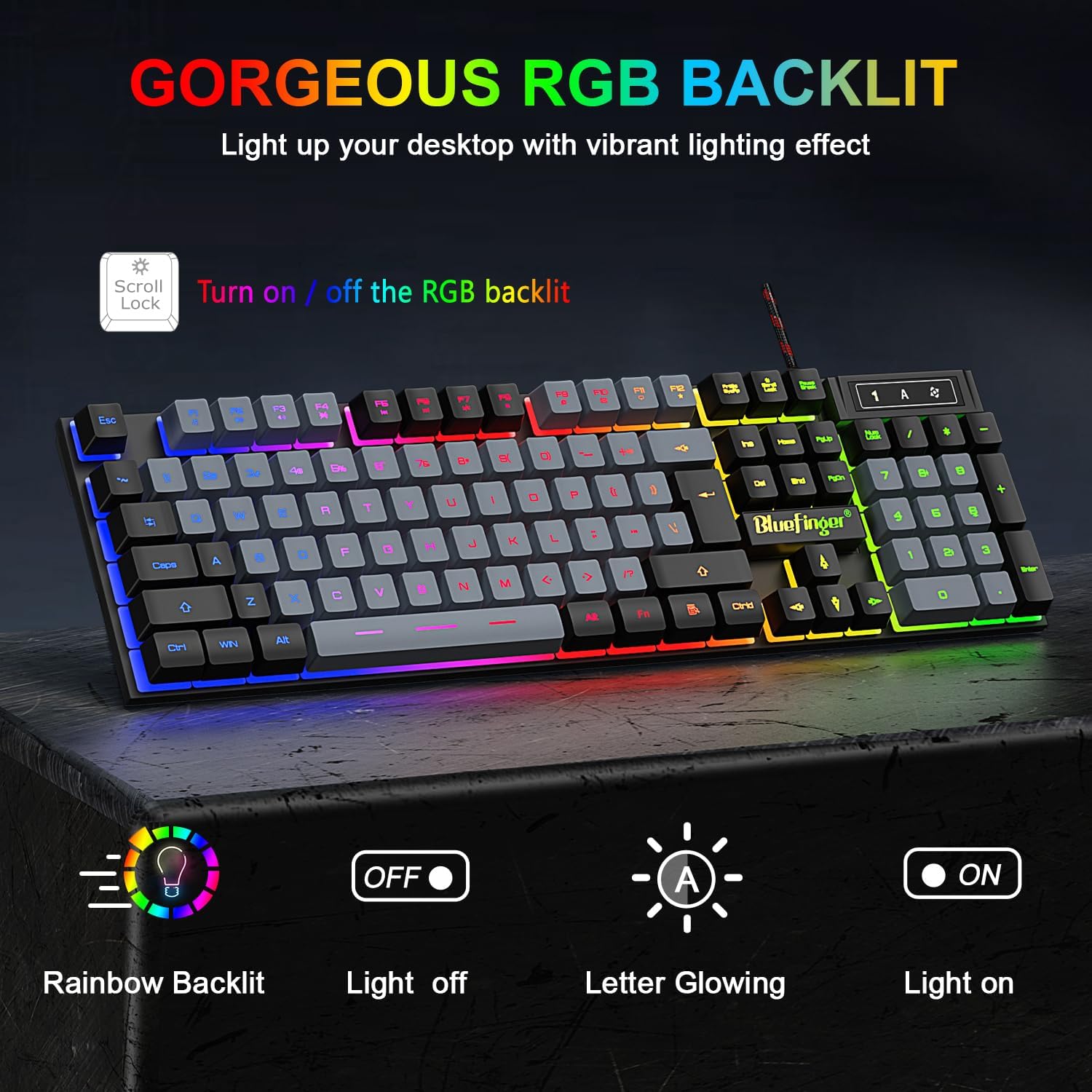 KIT DE TECLADO Y MOUSE GAMING BLUEFINGER RGB CON CABLE USB, RETROILUMINADO, NEGRO Y GRIS - 2