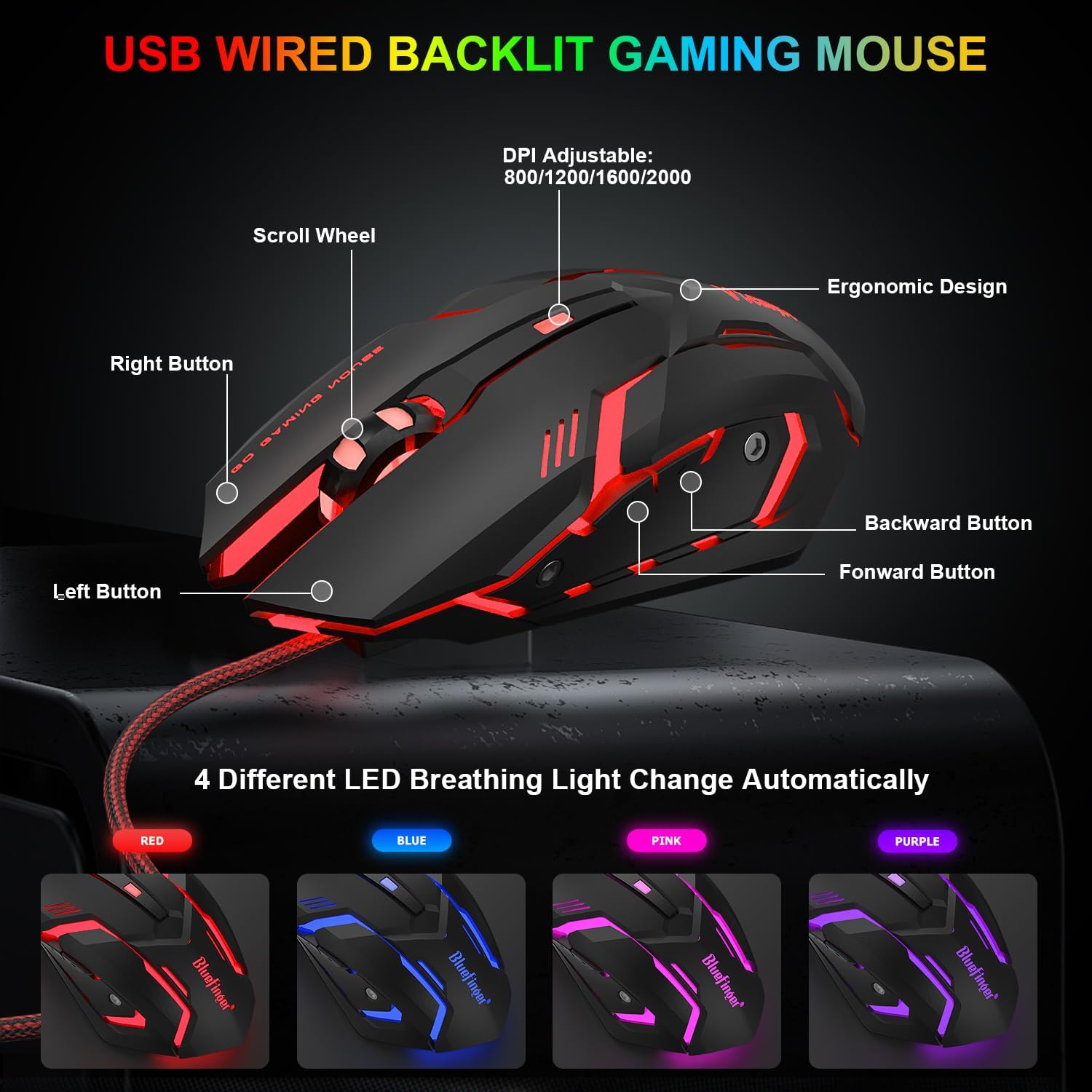 KIT DE TECLADO Y MOUSE GAMING BLUEFINGER RGB CON CABLE USB, RETROILUMINADO, NEGRO Y GRIS - 5