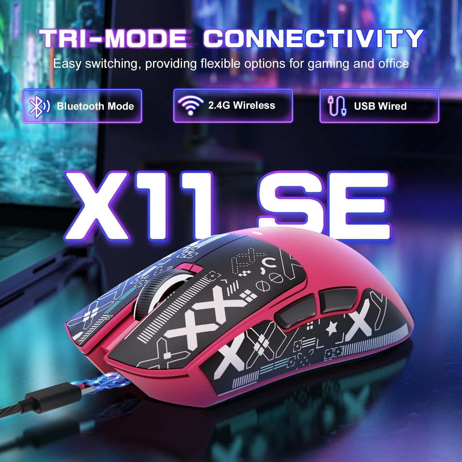 MOUSE GAMER ATTACK SHARK X11 SE ULTRA-LIGERO INALÁMBRICO BERRY ROJO - 2