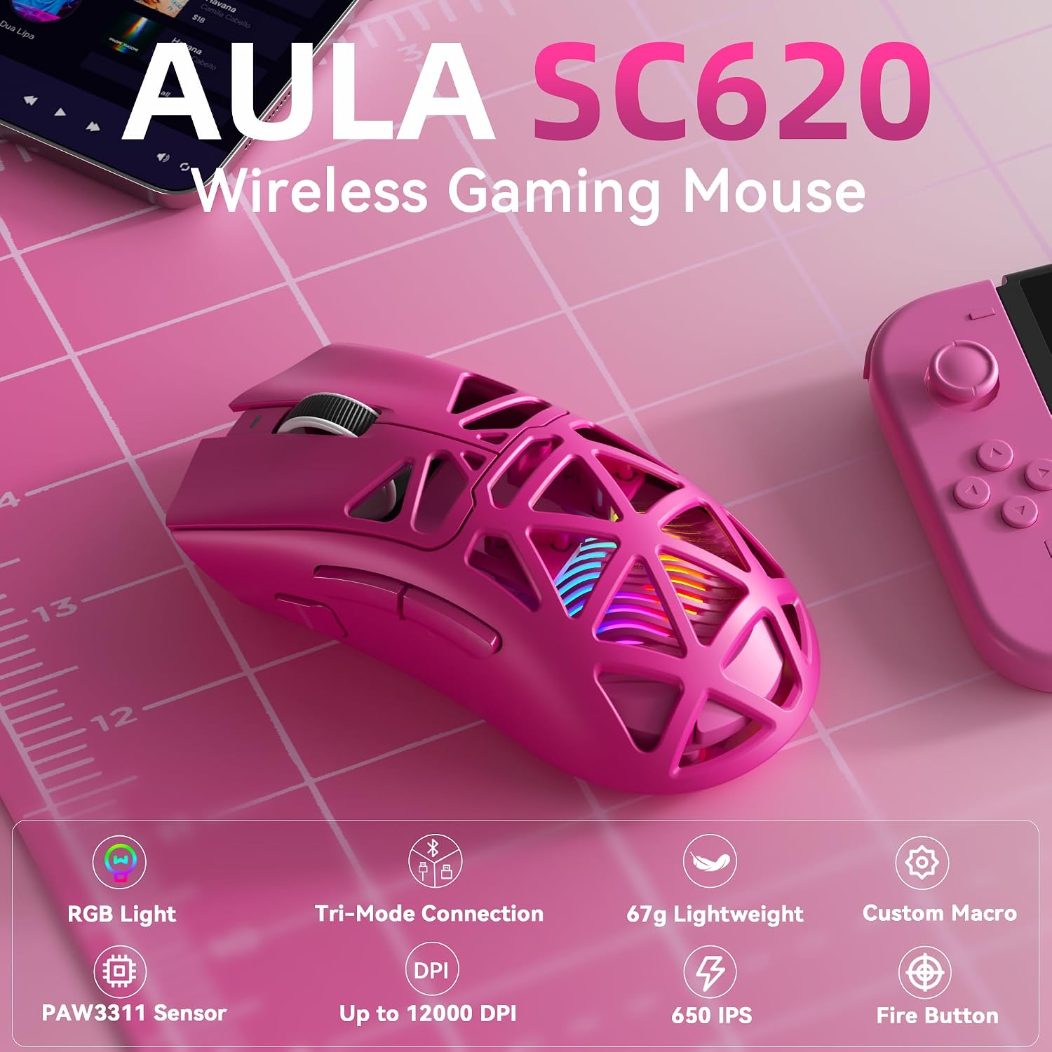 MOUSE GAMER STRIKONX AULA SC620 INALÁMBRICO 12000 DPI ROSA - 2
