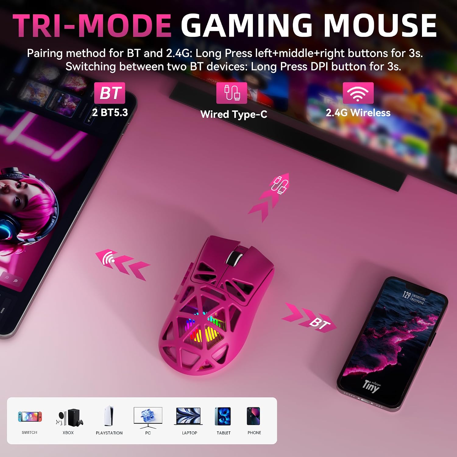 MOUSE GAMER STRIKONX AULA SC620 INALÁMBRICO 12000 DPI ROSA - 3