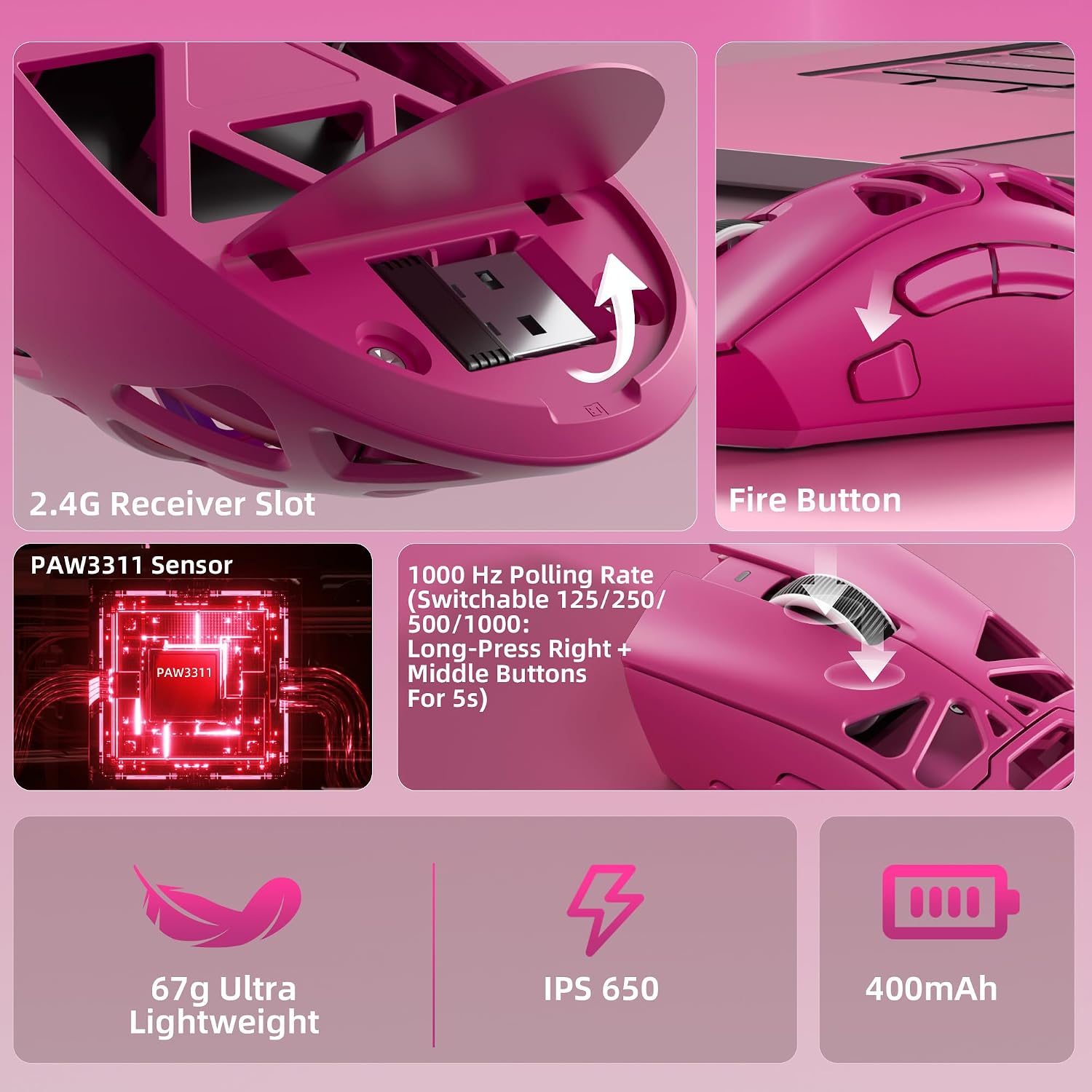 MOUSE GAMER STRIKONX AULA SC620 INALÁMBRICO 12000 DPI ROSA - 5