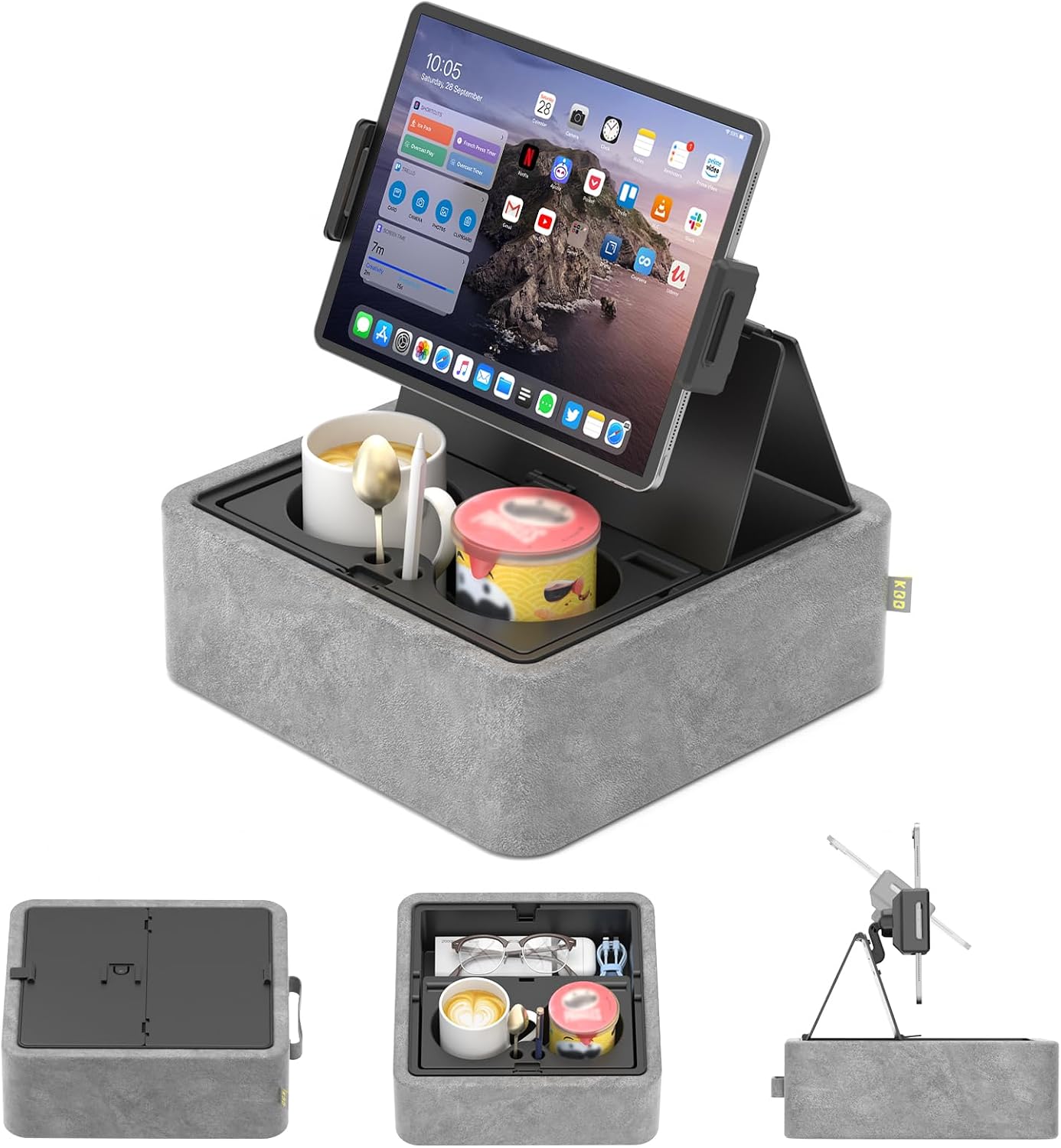 SOPORTE PARA TABLET KDD PILLOW STAND AJUSTABLE CON PORTAVASOS Y BANDEJA DE ALMACENAMIENTO - 1