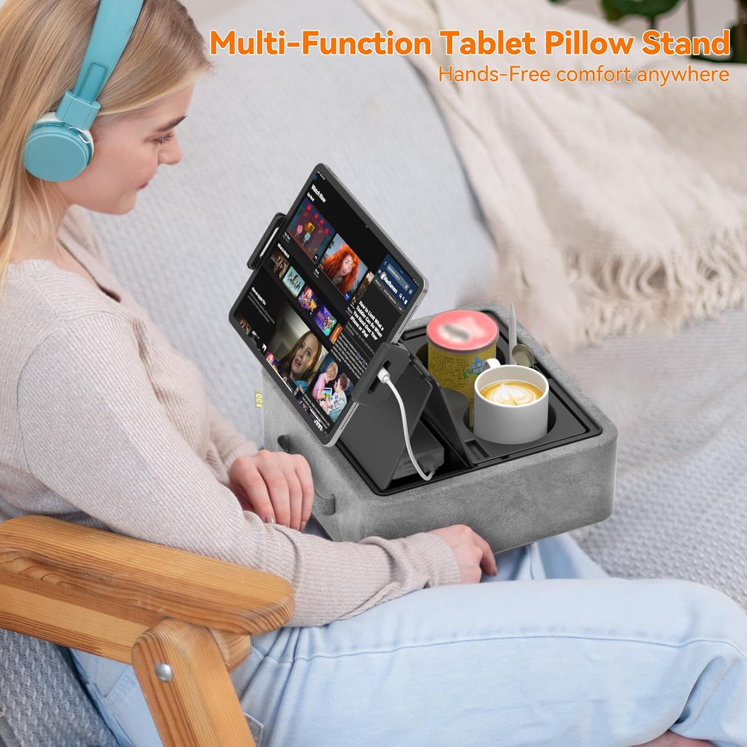 SOPORTE PARA TABLET KDD PILLOW STAND AJUSTABLE CON PORTAVASOS Y BANDEJA DE ALMACENAMIENTO - 2