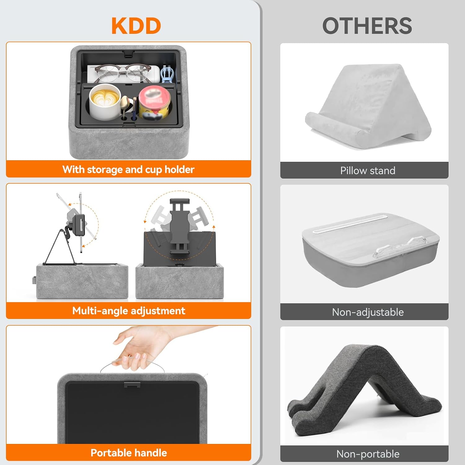 SOPORTE PARA TABLET KDD PILLOW STAND AJUSTABLE CON PORTAVASOS Y BANDEJA DE ALMACENAMIENTO - 5