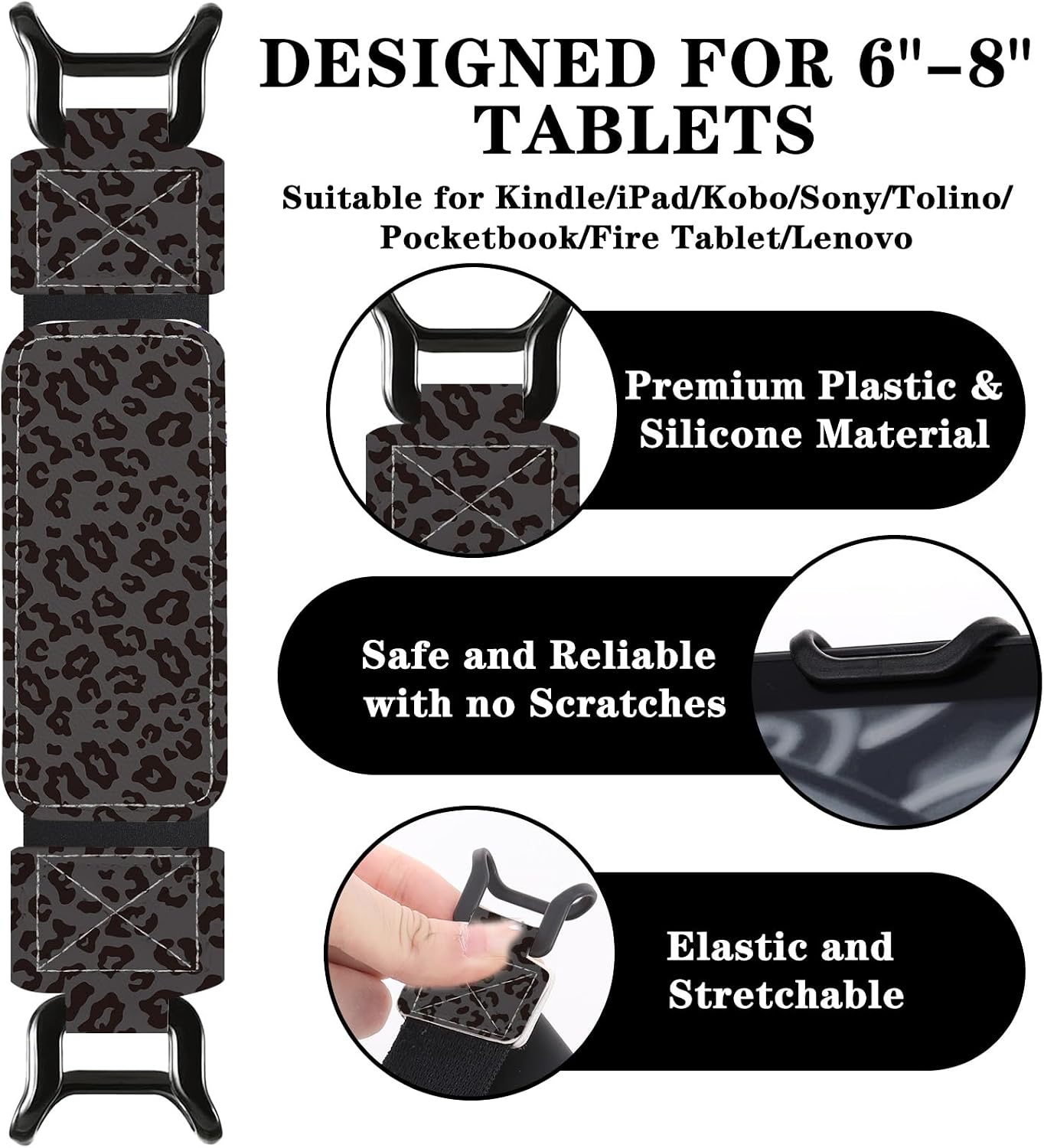 SOPORTE DE MANO BERIREXRION PARA KINDLE Y E-READERS 6-8 PULGADAS ESTAMPADO LEOPARDO NEGRO - 2