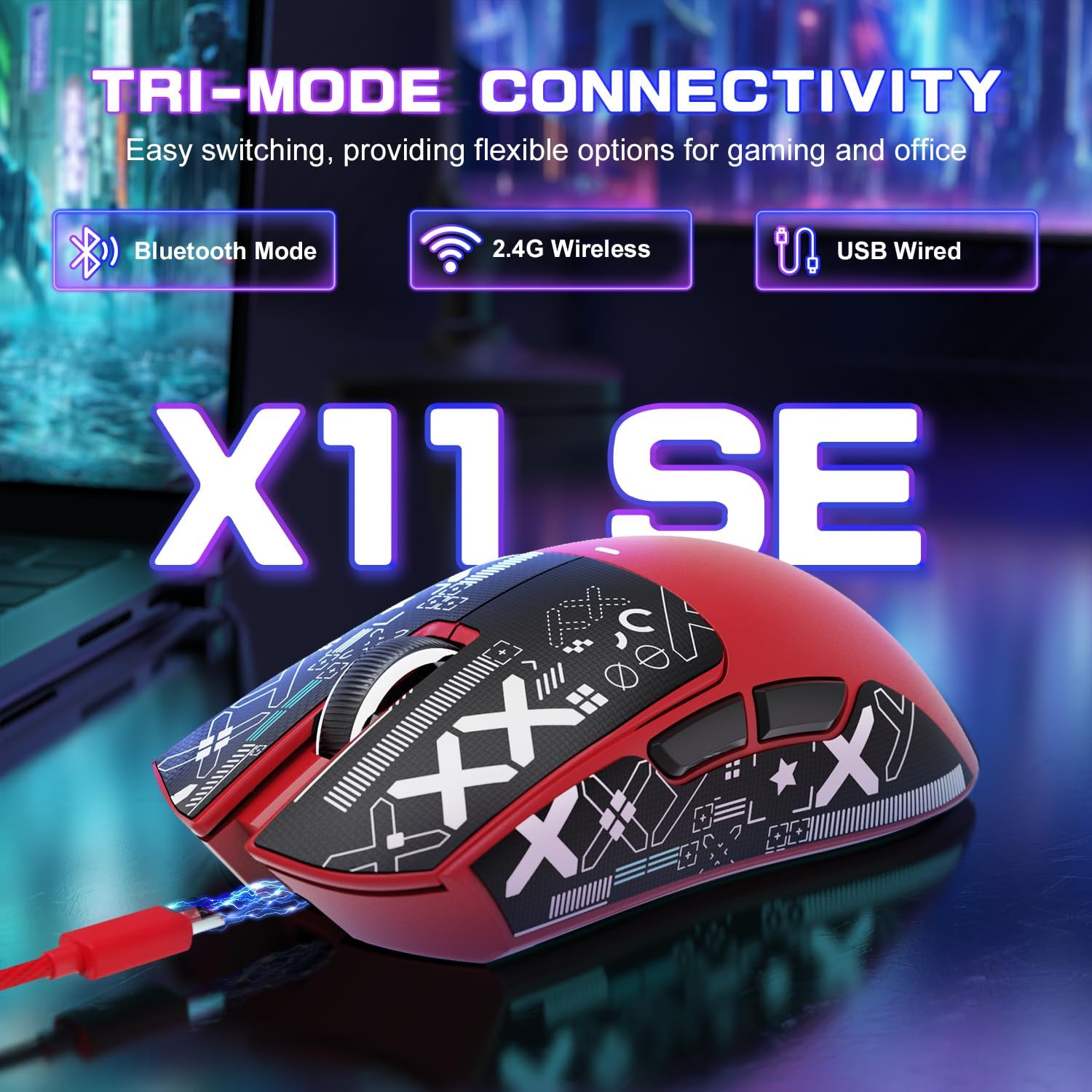 MOUSE GAMER ATTACK SHARK X11 SE ULTRA-LIGERO INALÁMBRICO ROJO - 2