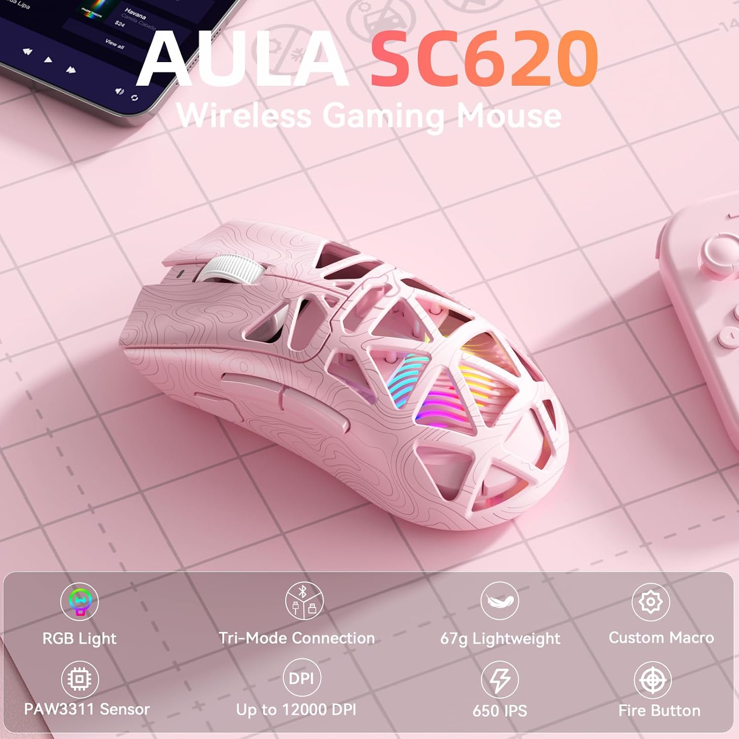 MOUSE GAMER STRIKONX AULA SC620 WIRELESS 12000 DPI ROSA - 2