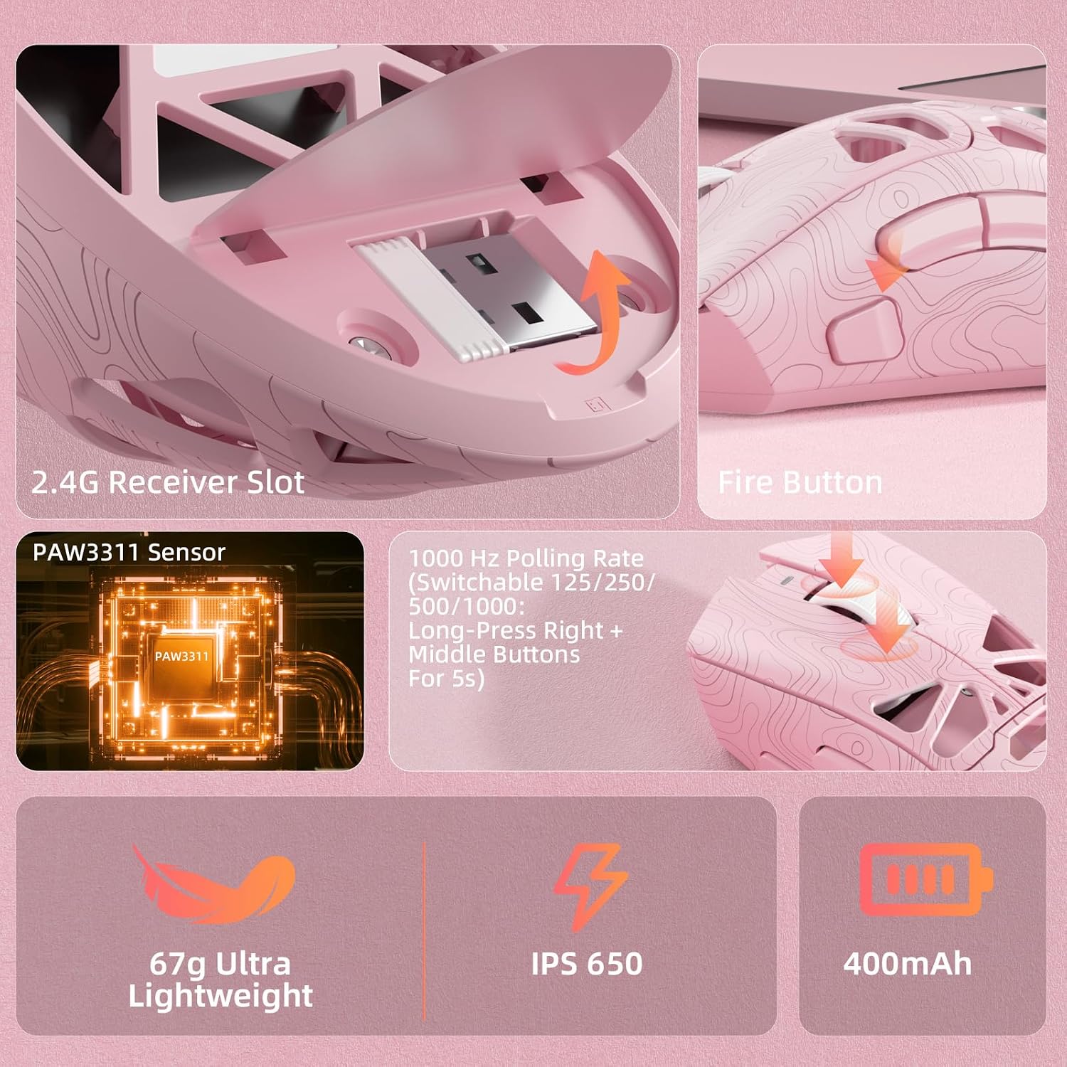 MOUSE GAMER STRIKONX AULA SC620 WIRELESS 12000 DPI ROSA - 5