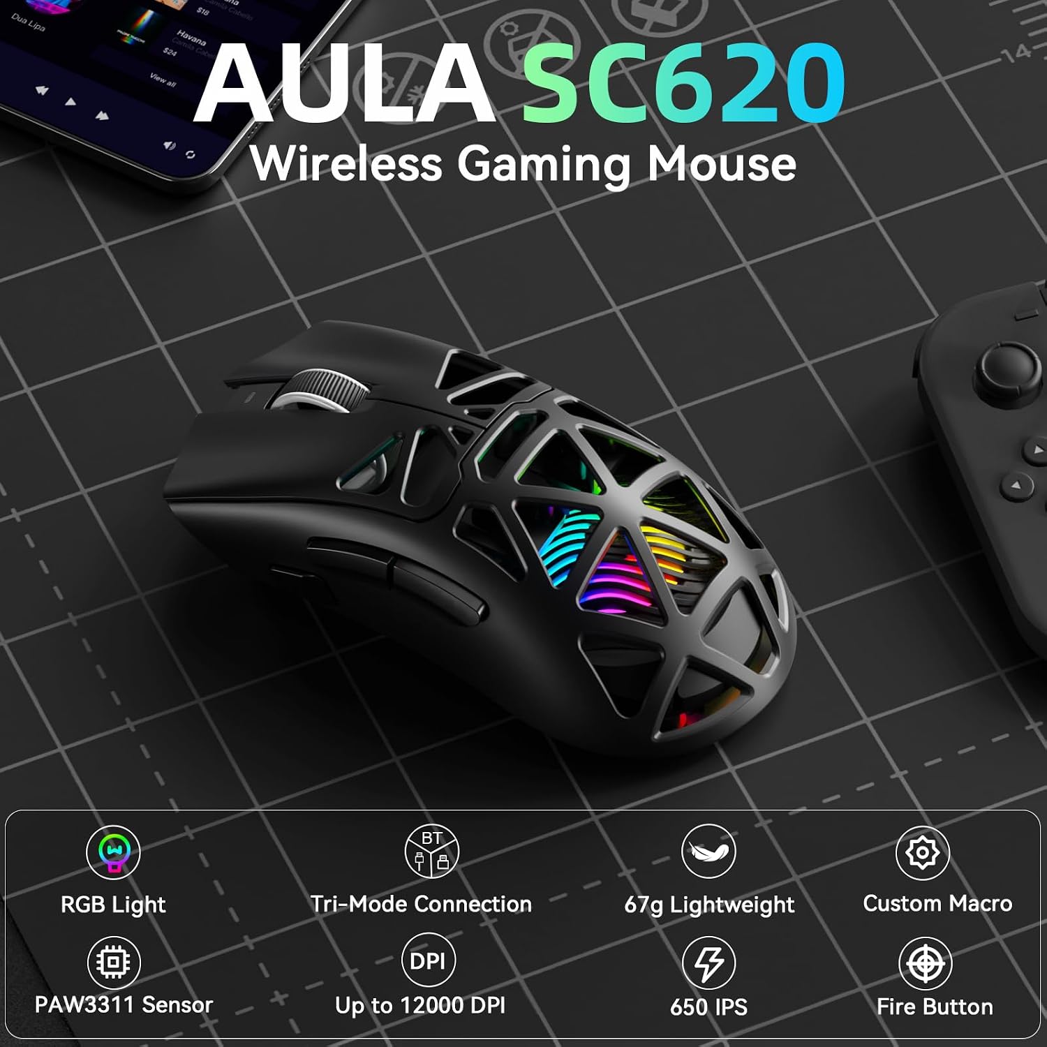 MOUSE GAMER STRIKONX AULA SC620 INALÁMBRICO TRI-MODE 12000 DPI RGB NEGRO - 2