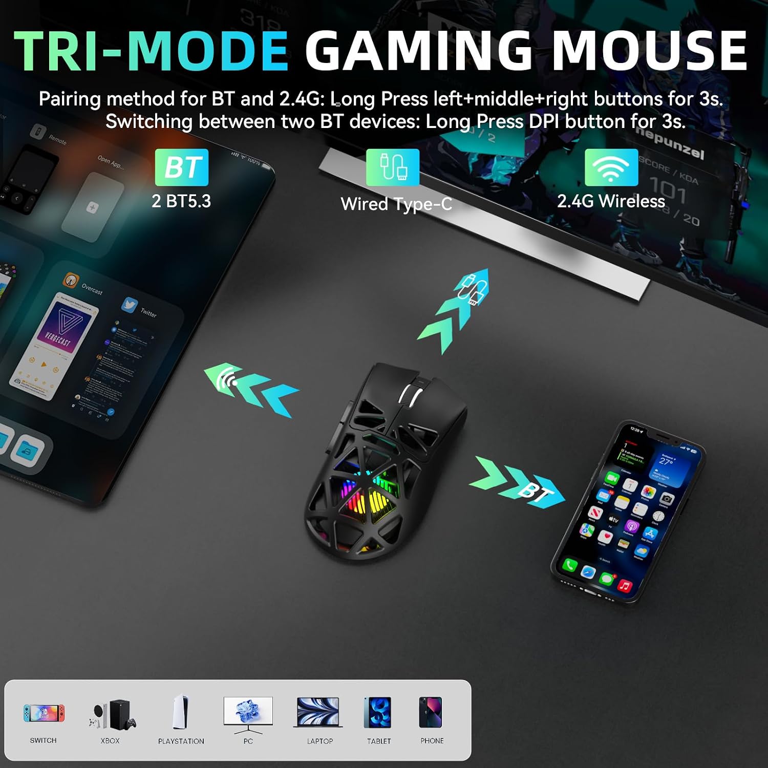 MOUSE GAMER STRIKONX AULA SC620 INALÁMBRICO TRI-MODE 12000 DPI RGB NEGRO - 3