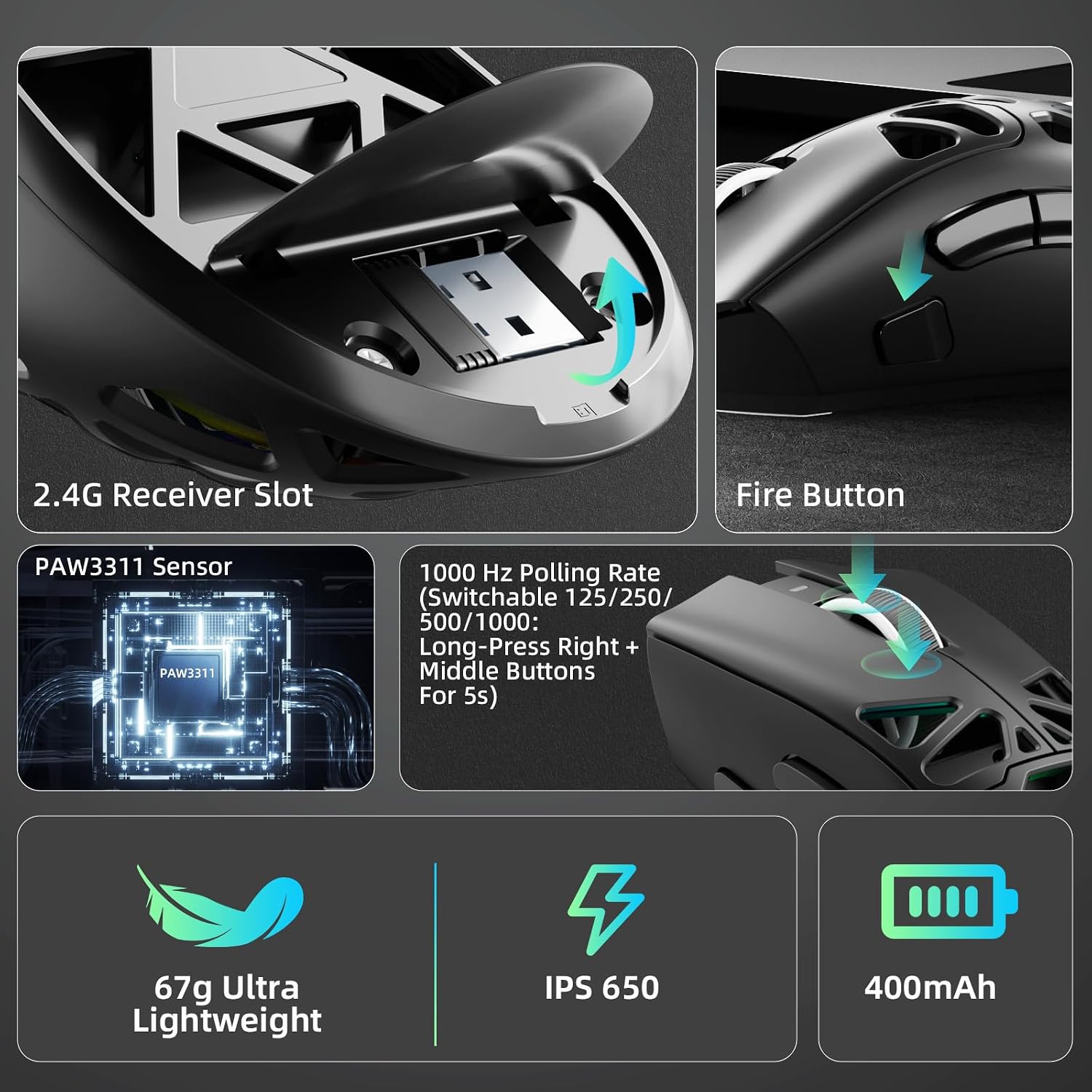 MOUSE GAMER STRIKONX AULA SC620 INALÁMBRICO TRI-MODE 12000 DPI RGB NEGRO - 5