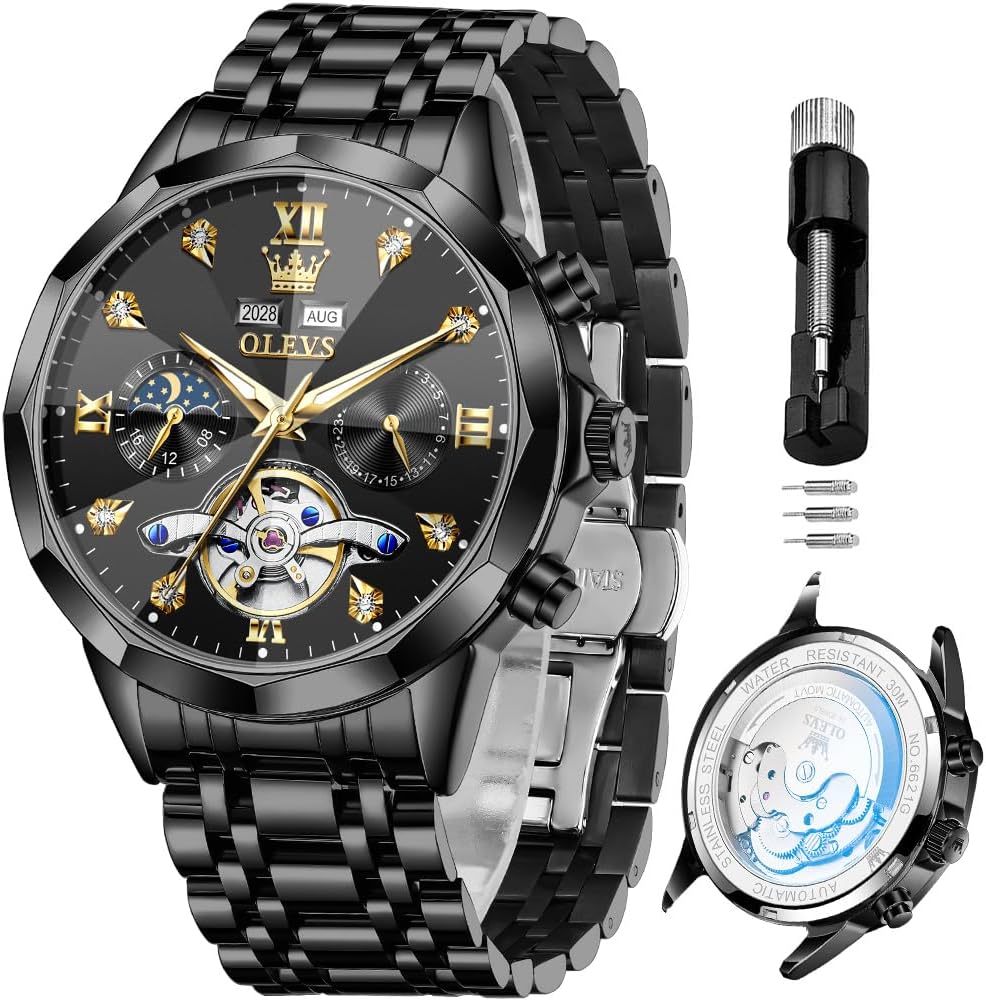 RELOJ DE PULSERA OLEVS SKELETON AUTOMÁTICO CON CALENDARIO Y DIAMANTES ACERO INOXIDABLE - 1