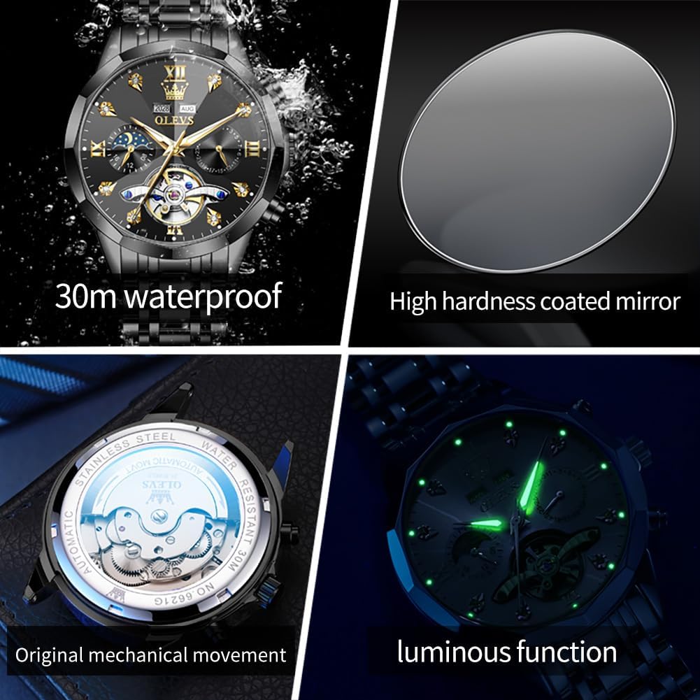 RELOJ DE PULSERA OLEVS SKELETON AUTOMÁTICO CON CALENDARIO Y DIAMANTES ACERO INOXIDABLE - 4