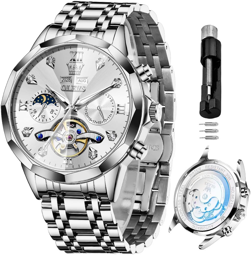 RELOJ DE PULSERA OLEVS SKELETON AUTOMÁTICO PARA HOMBRE ACERO INOXIDABLE CON CALENDARIO - 1