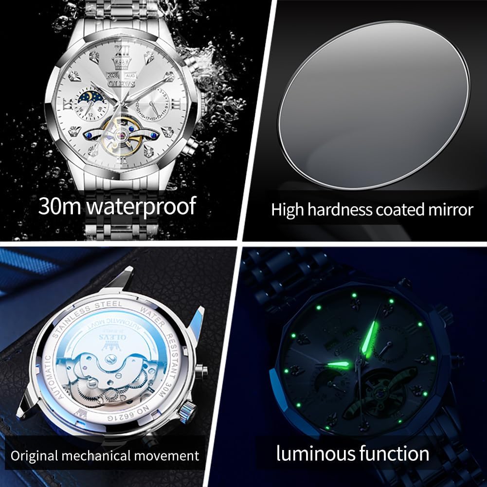 RELOJ DE PULSERA OLEVS SKELETON AUTOMÁTICO PARA HOMBRE ACERO INOXIDABLE CON CALENDARIO - 4