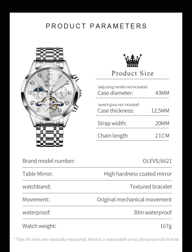 RELOJ DE PULSERA OLEVS SKELETON AUTOMÁTICO PARA HOMBRE ACERO INOXIDABLE CON CALENDARIO - 5