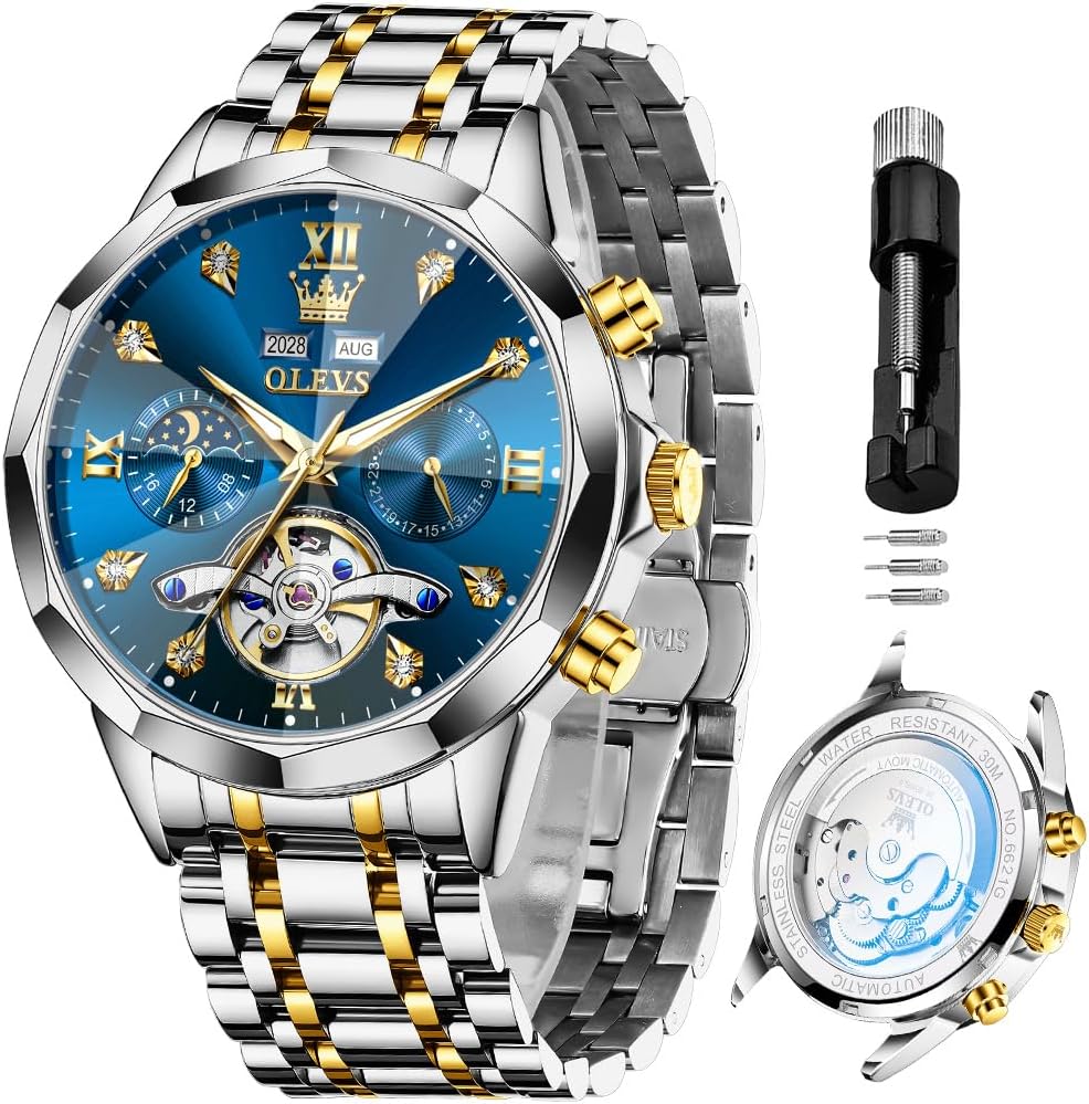 RELOJ DE PULSERA OLEVS SKELETON AUTOMÁTICO CON CALENDARIO Y DIAMANTES ACERO INOXIDABLE - 1