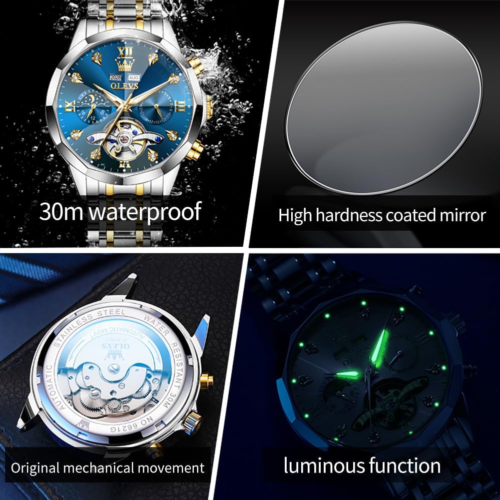RELOJ DE PULSERA OLEVS SKELETON AUTOMÁTICO CON CALENDARIO Y DIAMANTES ACERO INOXIDABLE - 4