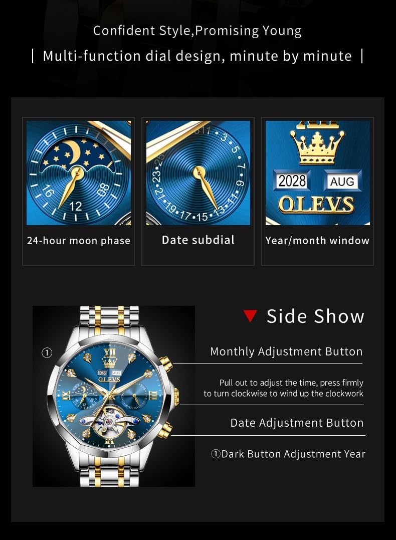 RELOJ DE PULSERA OLEVS SKELETON AUTOMÁTICO CON CALENDARIO Y DIAMANTES ACERO INOXIDABLE - 5