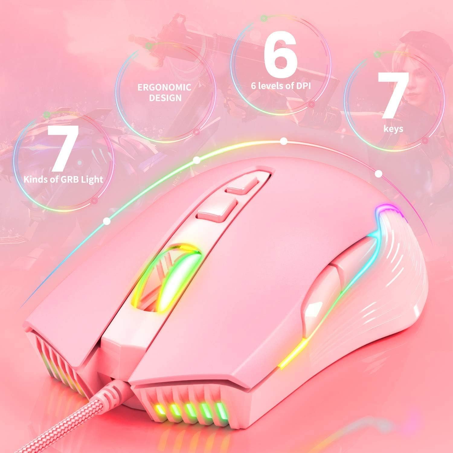 MOUSE GAMER SIMGAL RGB CABLEADO 6400 DPI 7 BOTONES ROSA - 2
