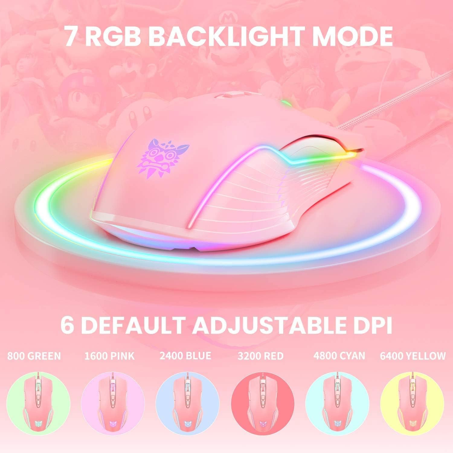 MOUSE GAMER SIMGAL RGB CABLEADO 6400 DPI 7 BOTONES ROSA - 3