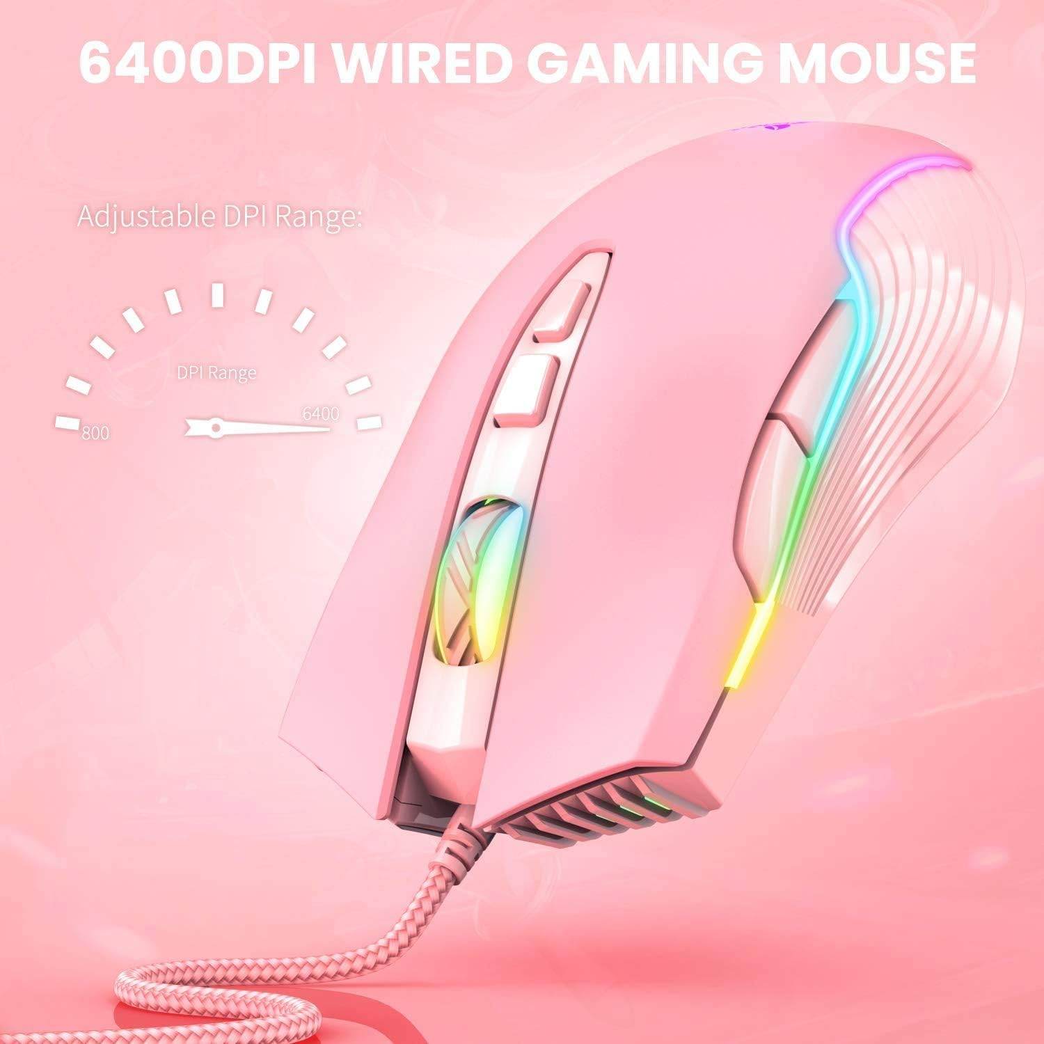 MOUSE GAMER SIMGAL RGB CABLEADO 6400 DPI 7 BOTONES ROSA - 4