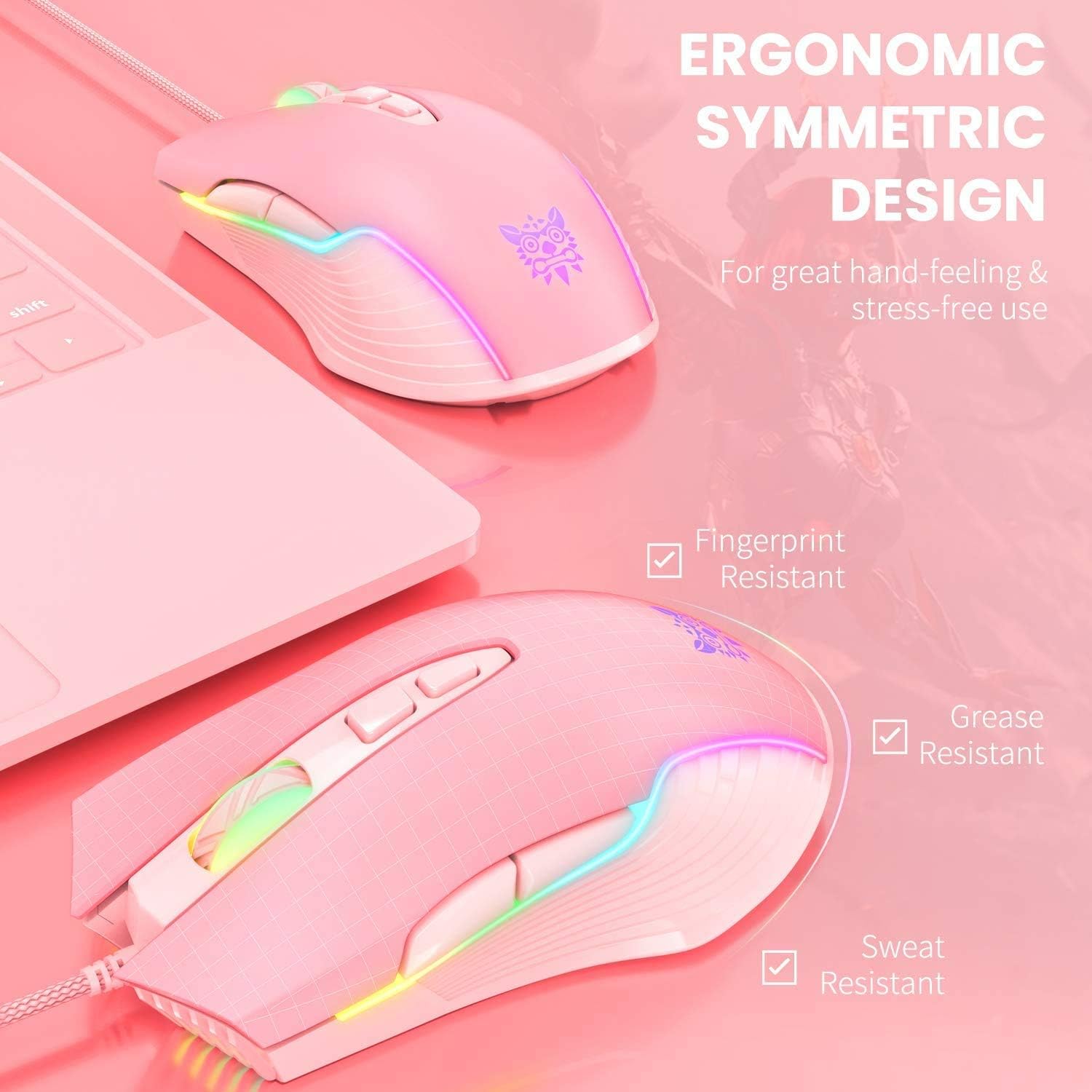 MOUSE GAMER SIMGAL RGB CABLEADO 6400 DPI 7 BOTONES ROSA - 5