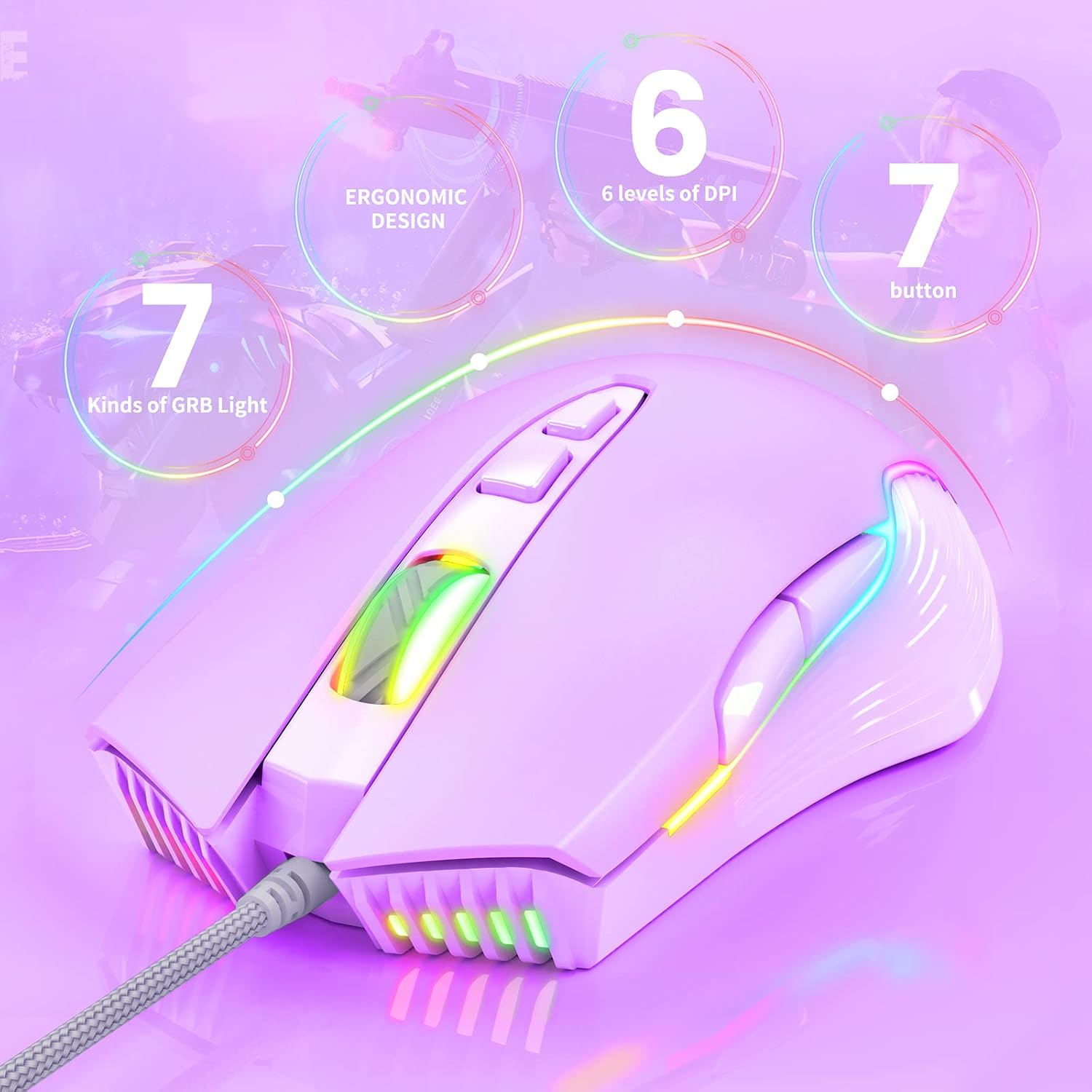 MOUSE GAMER SIMGAL 905 RGB CABLEADO 6400 DPI 7 BOTONES LILA - 2