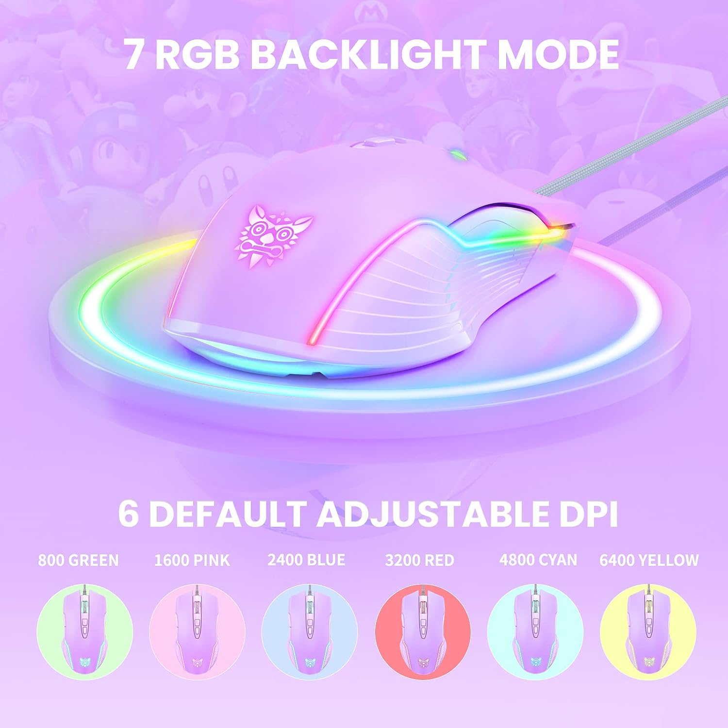 MOUSE GAMER SIMGAL 905 RGB CABLEADO 6400 DPI 7 BOTONES LILA - 3
