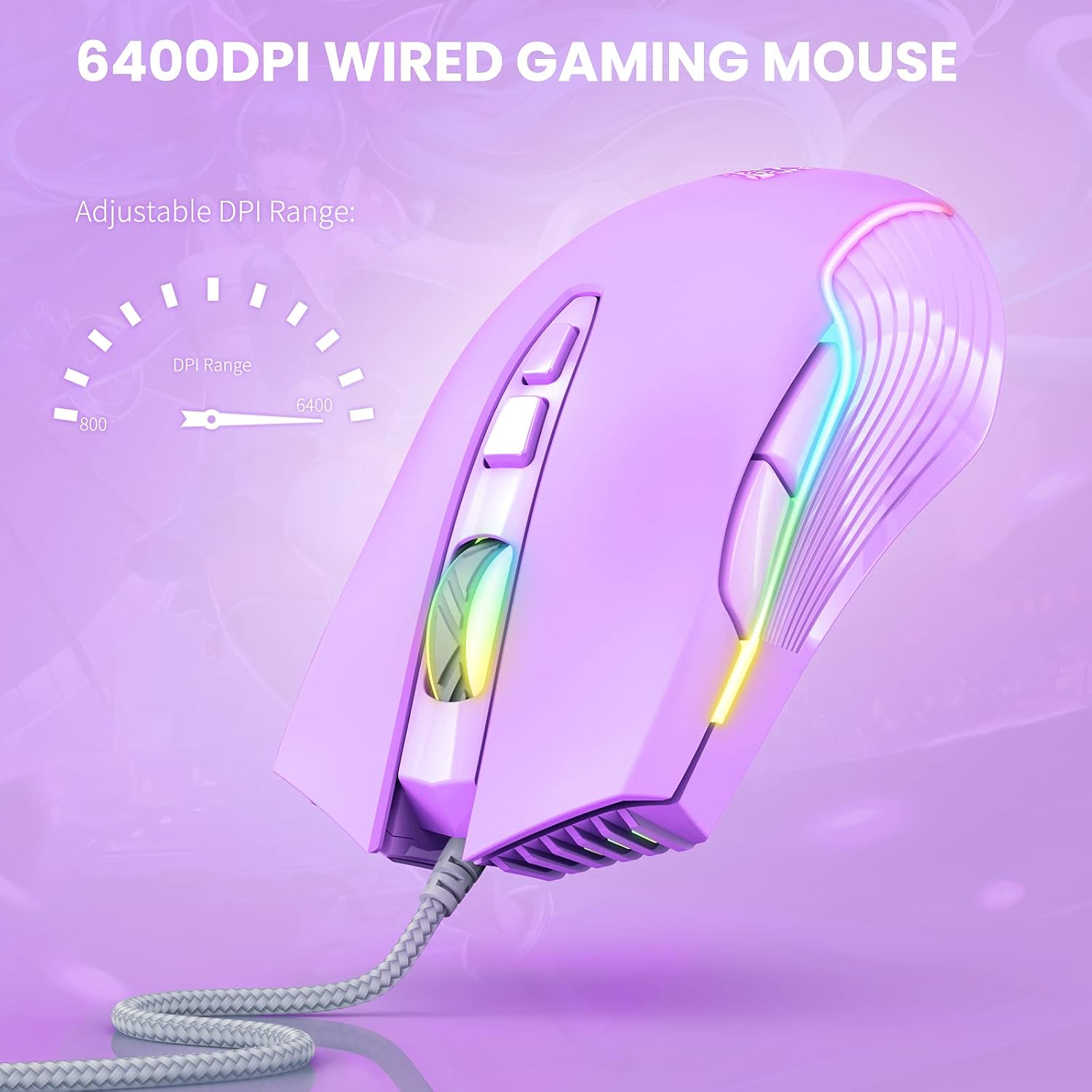 MOUSE GAMER SIMGAL 905 RGB CABLEADO 6400 DPI 7 BOTONES LILA - 4