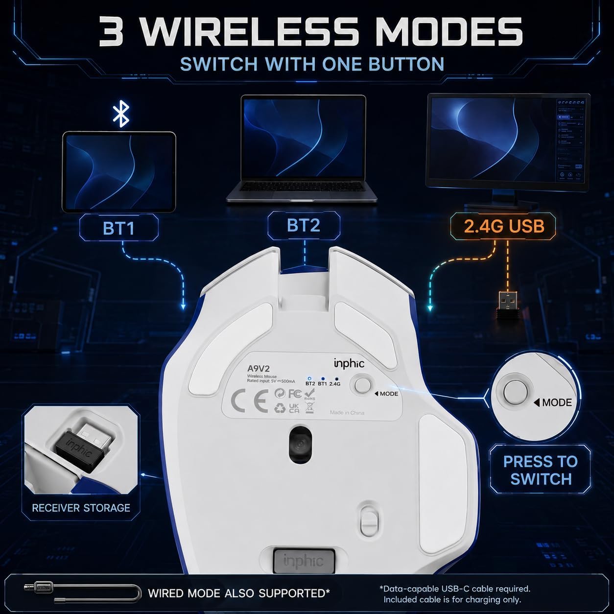MOUSE INALÁMBRICO INPHIC A9 GAMING RECARGABLE 12800 DPI - 5