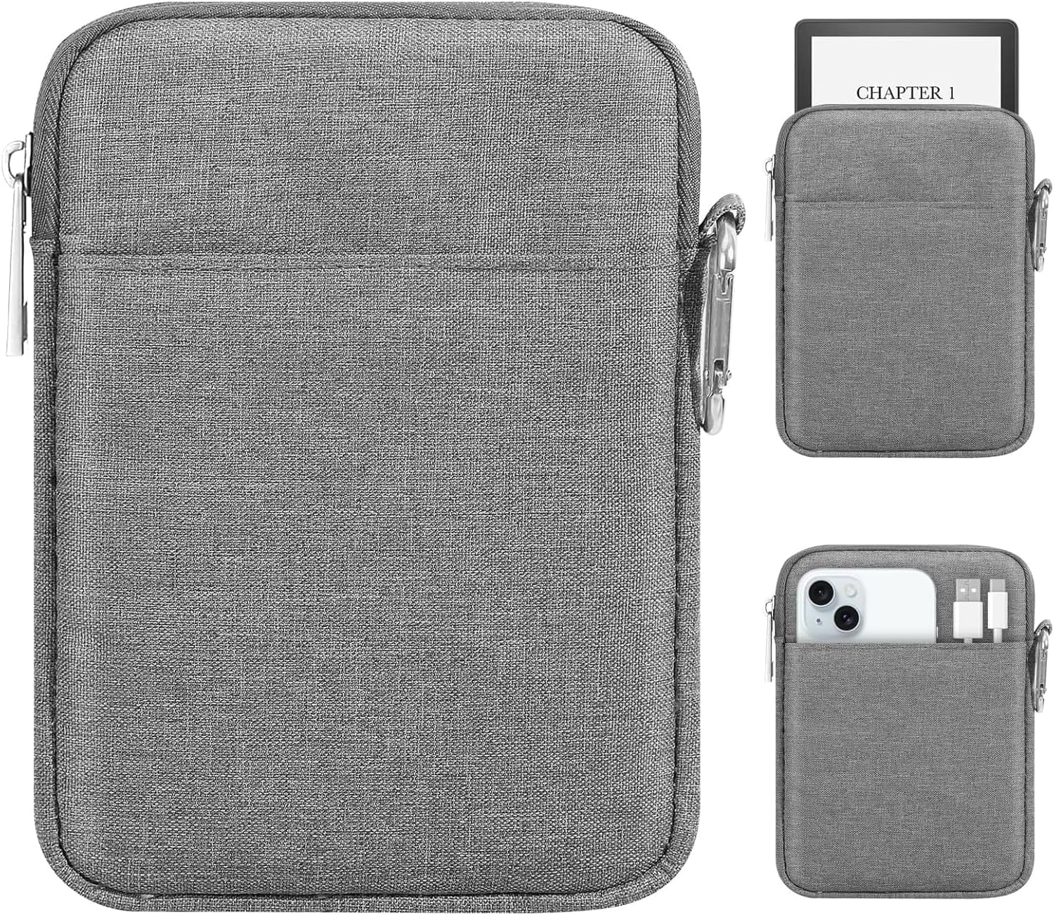 FUNDA ACOLCHONADA MOKO PARA EREADER 6-7 PULGADAS CON GANCHO Y DOBLE BOLSILLO GRIS CLARO - 1