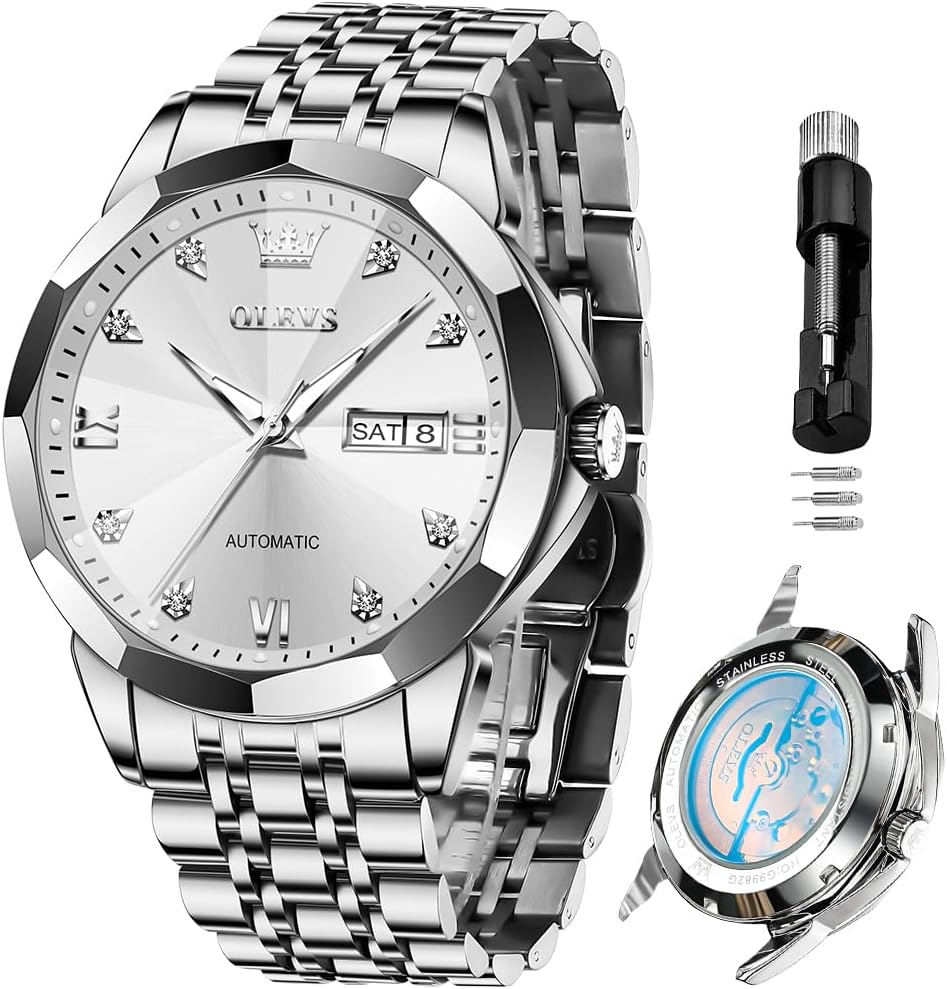 RELOJ DE PULSERA OLEVS SKELETON AUTOMÁTICO CON CALENDARIO Y DIAMANTES ACERO INOXIDABLE - 1