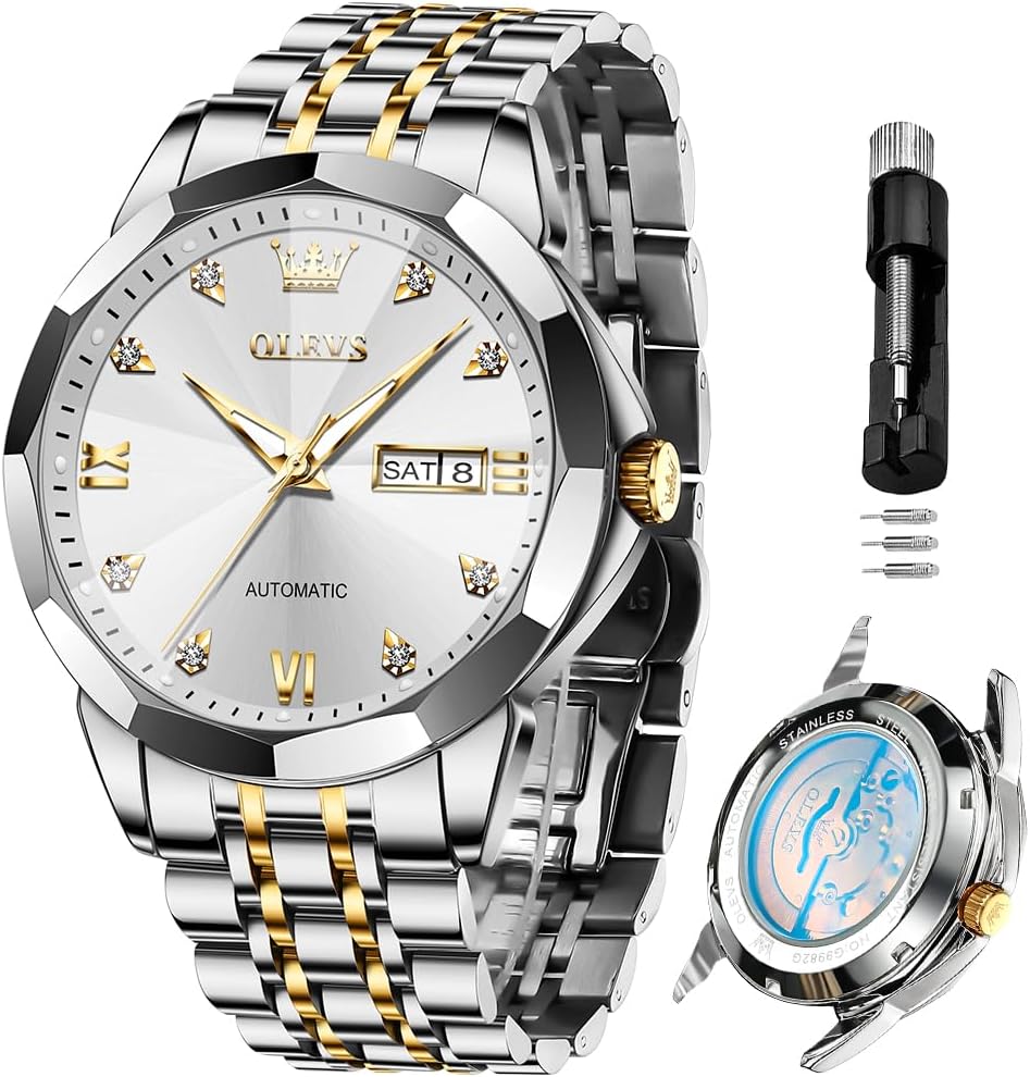 RELOJ DE PULSERA OLEVS SKELETON AUTOMÁTICO CON CALENDARIO Y DIAMANTES ACERO INOXIDABLE - 1